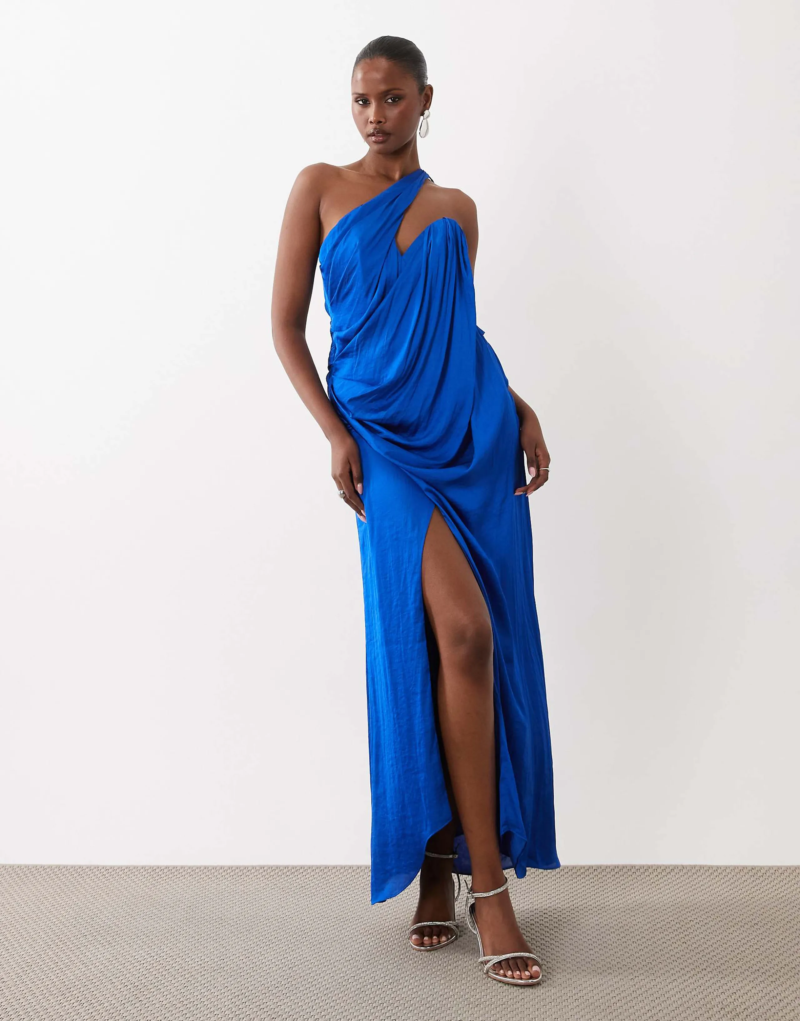 ASOS DESIGN draped one shoulder satin maxi dress in cobalt blue