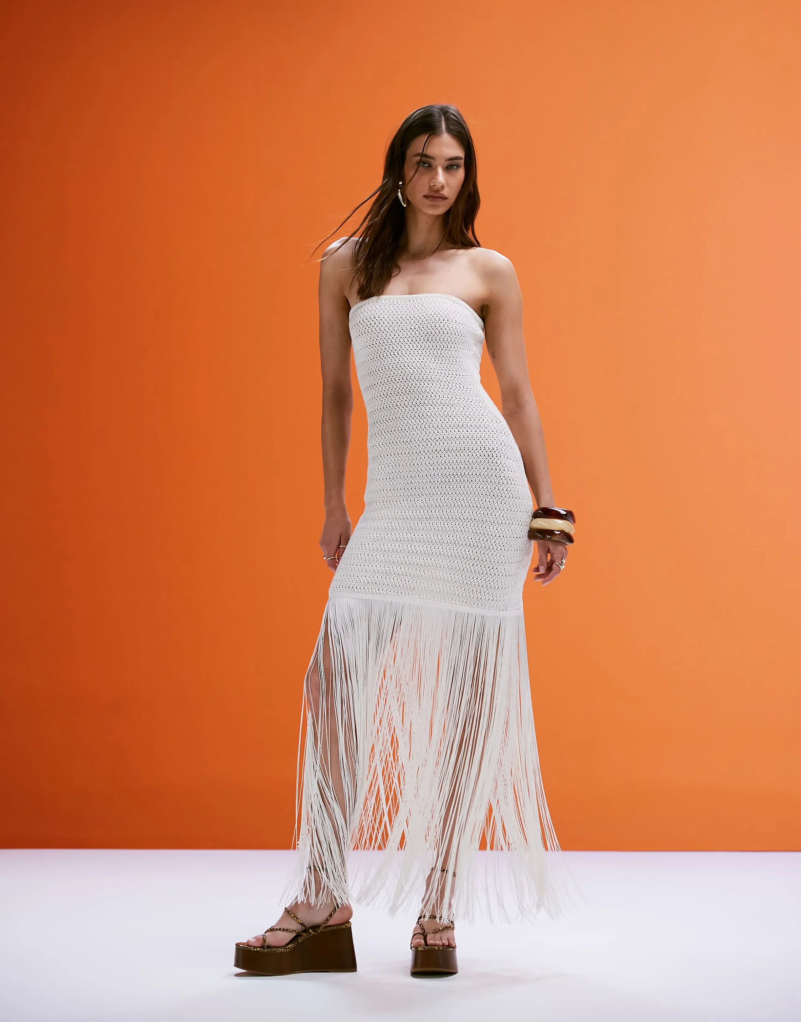 4th & Reckless bandeau fringed hem crochet mini dress in cream