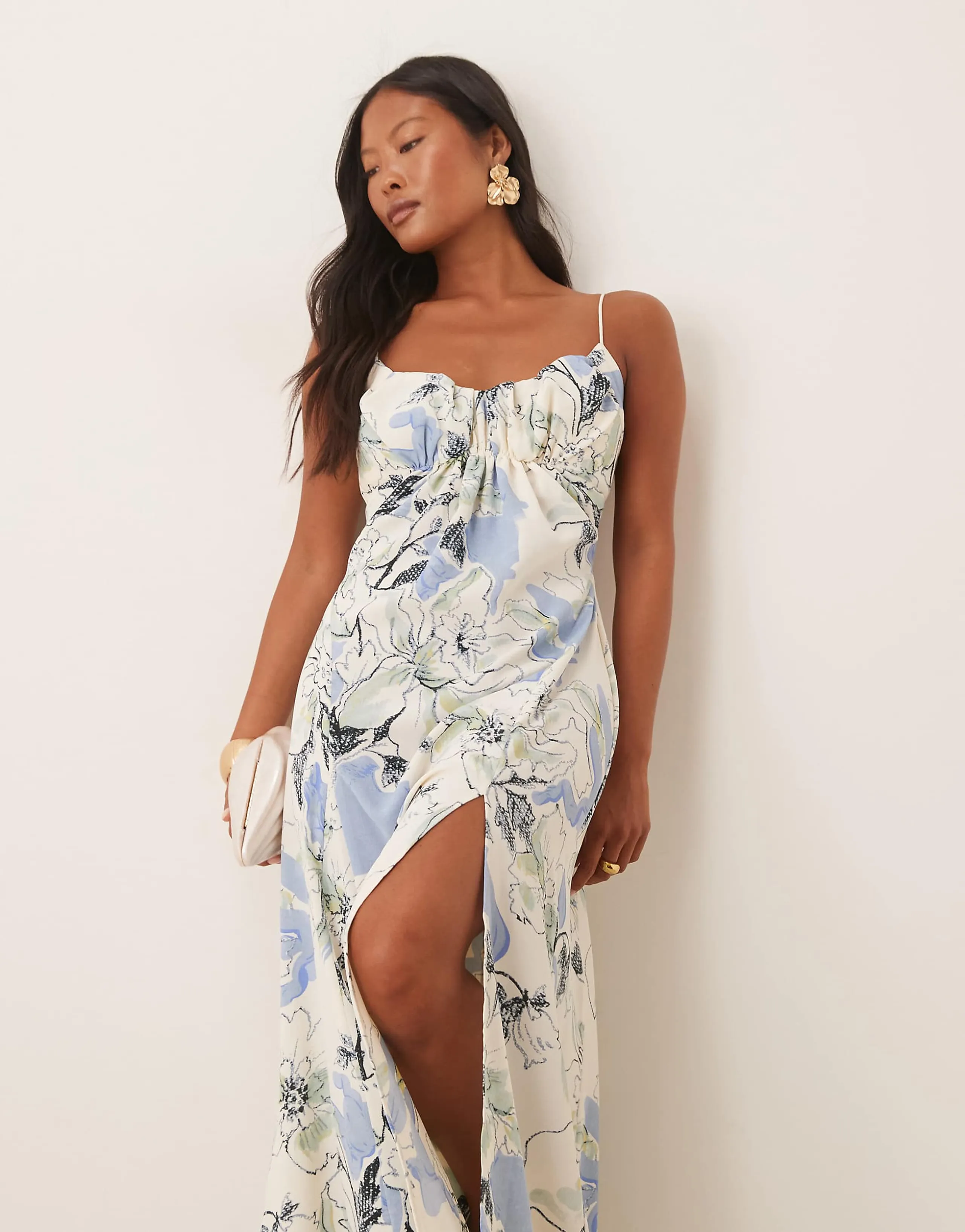 ASOS DESIGN Petite gathered bust strappy cross back midi dress in blue floral print