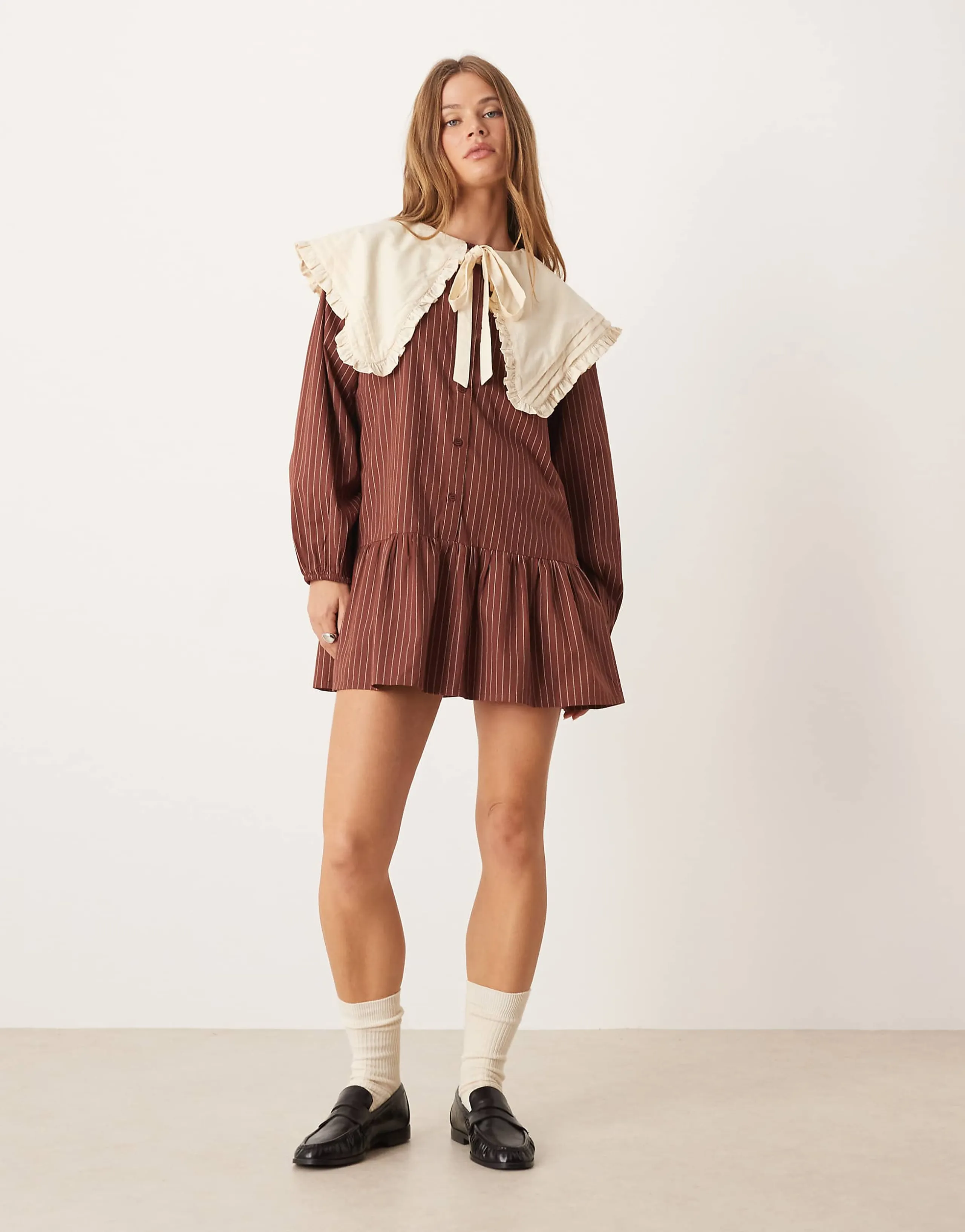 Neon Rose oversized collar pinstripe mini smock dress in brown and buttercream