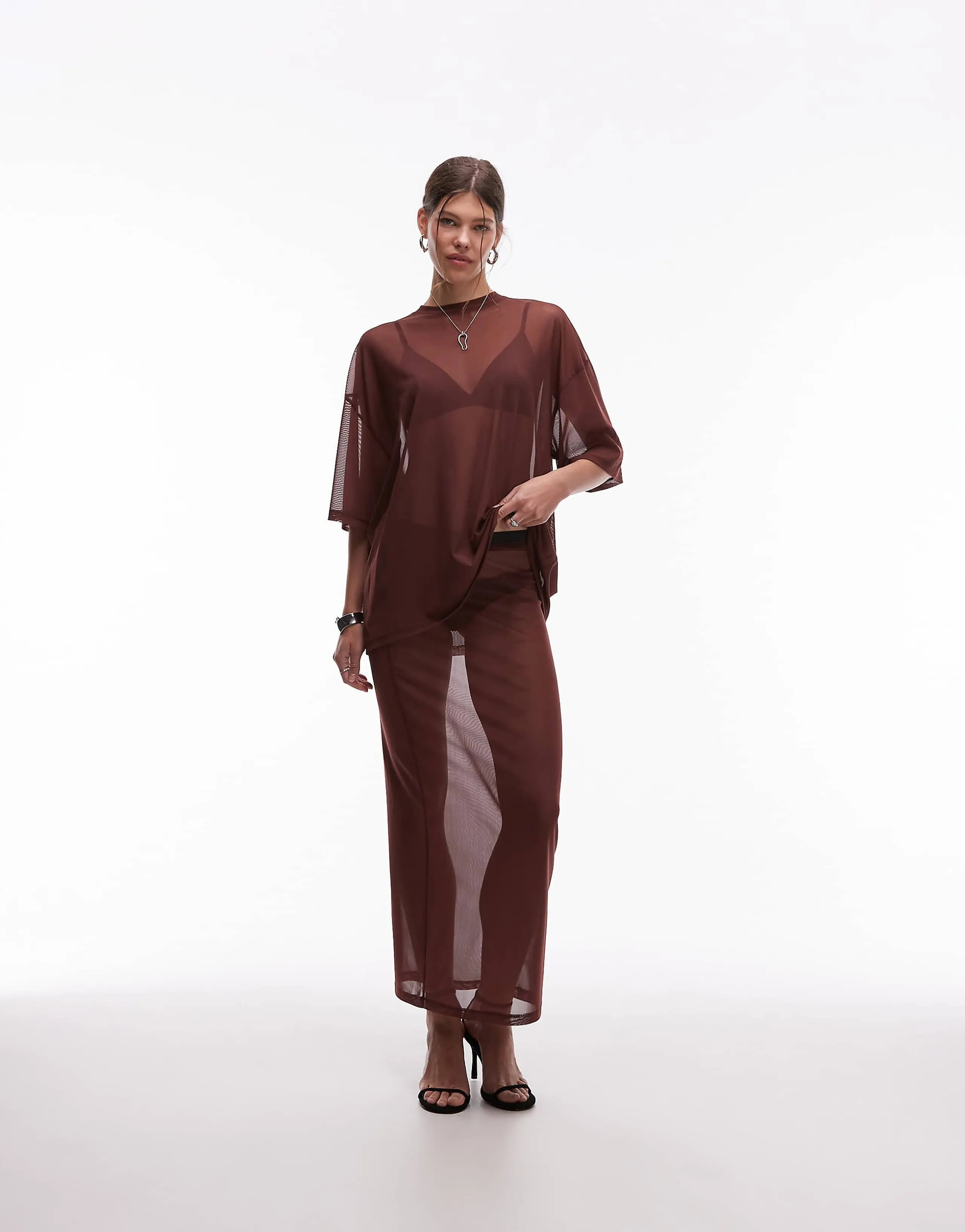 ASOS DESIGN sheer mesh maxi skirt in brown