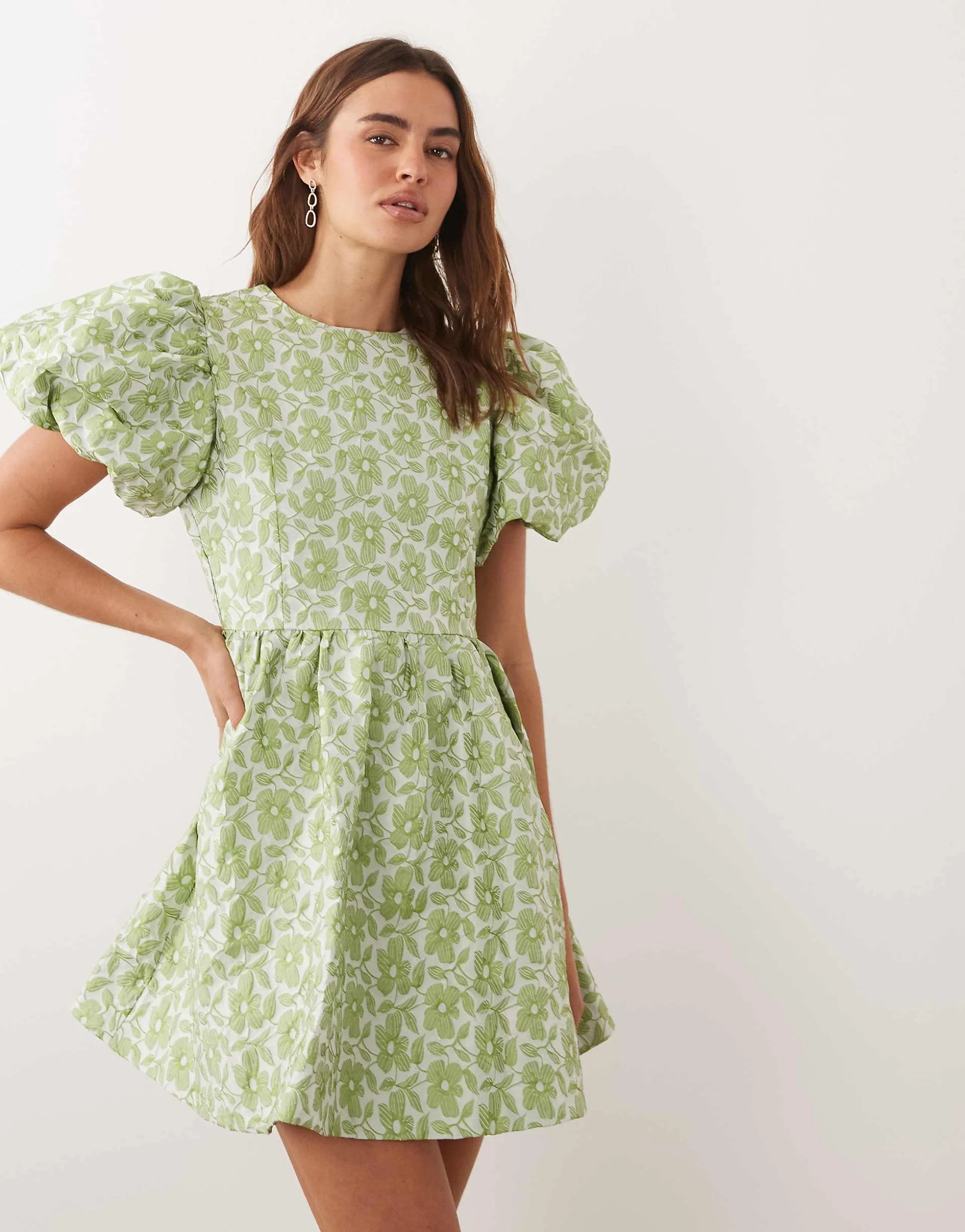 Sister Jane Freja jacquard round neck puff sleeve mini dress in light green floral