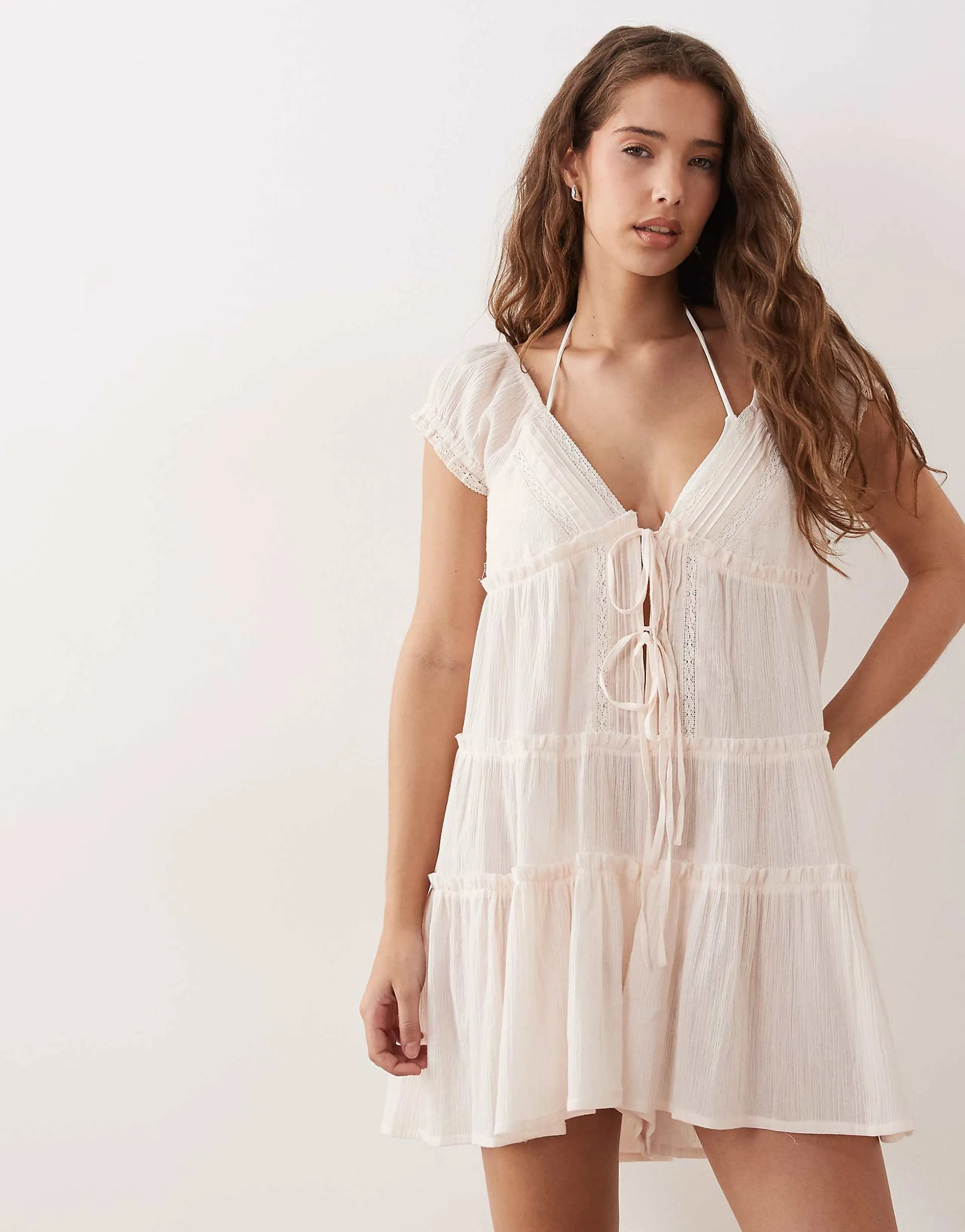 Miss Selfridge beach embroidered tie front romper in natural
