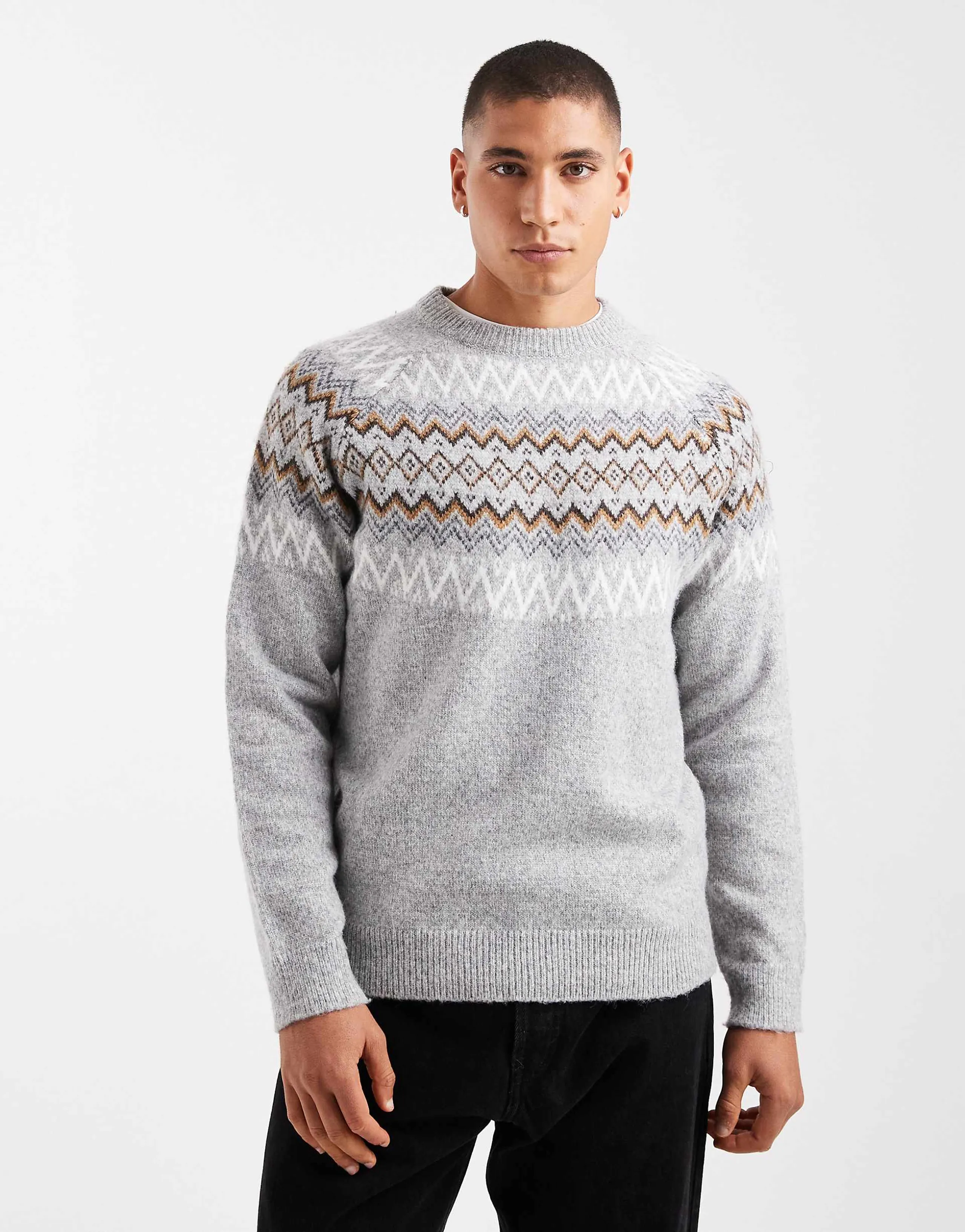 Threadbare Fairisle print crew neck sweater in light gray