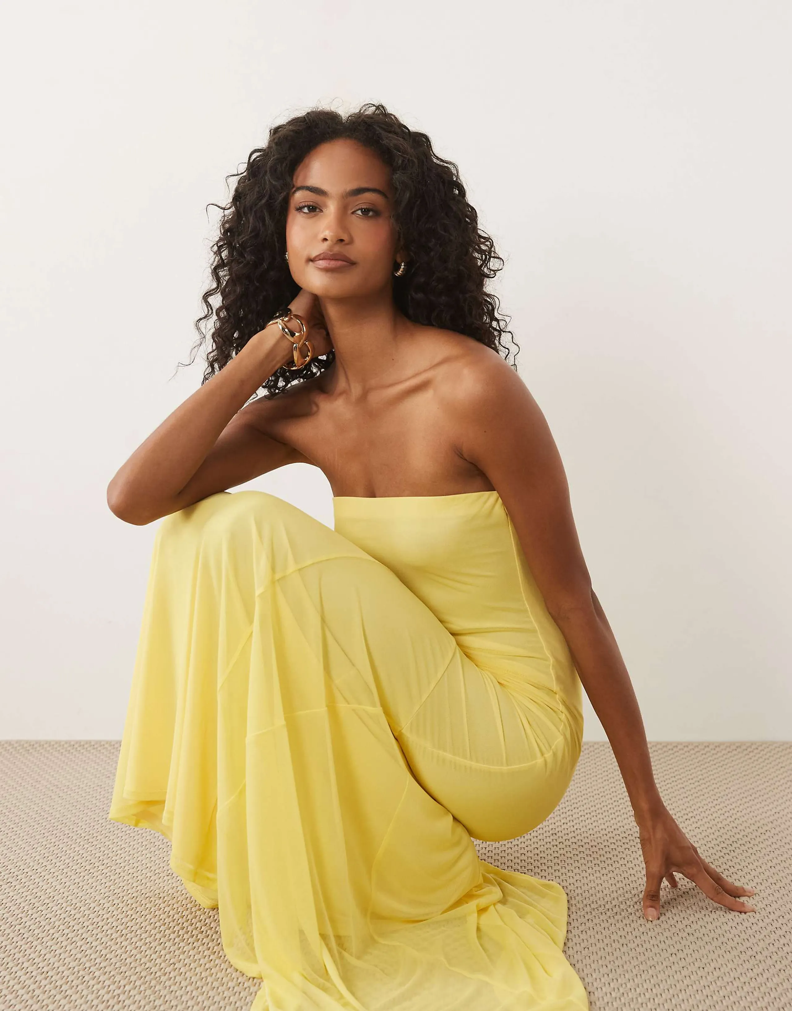 ASOS DESIGN bandeau mesh maxi with godet and train detail in buttermilk