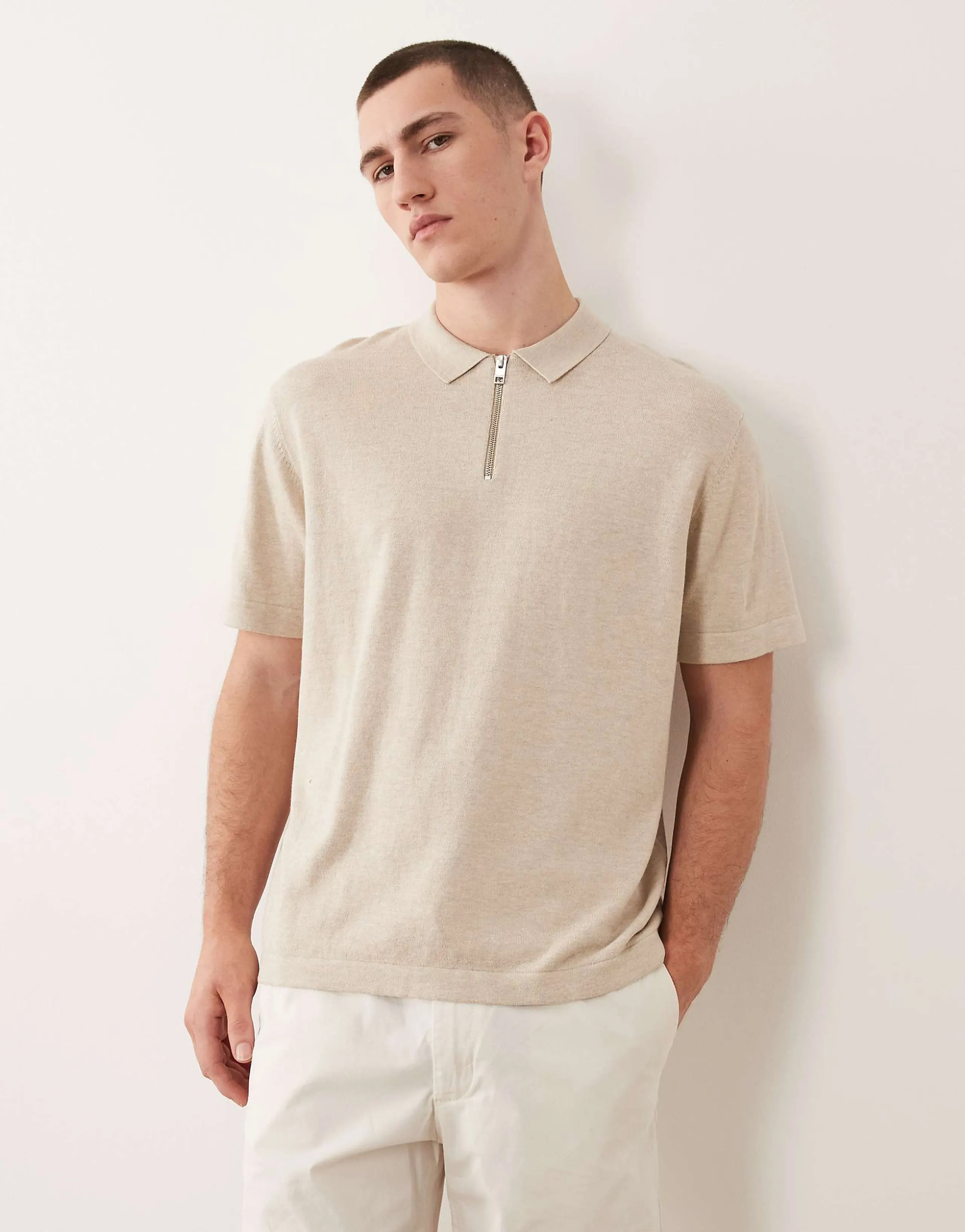 Jack & Jones knit zip polo shirt in beige