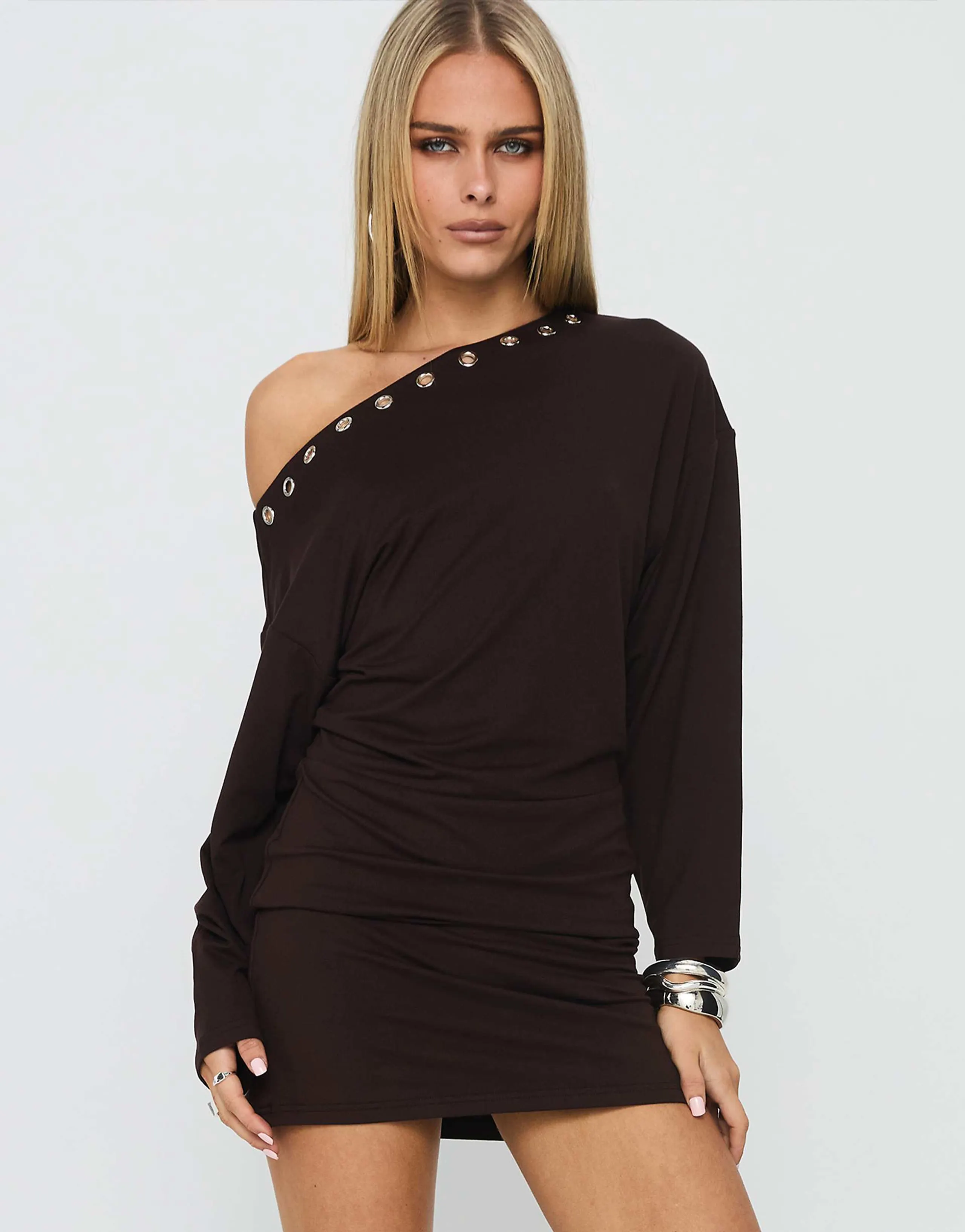 Princess Polly Sakaia off shoulder long sleeve ruched eyelet mini dress in brown