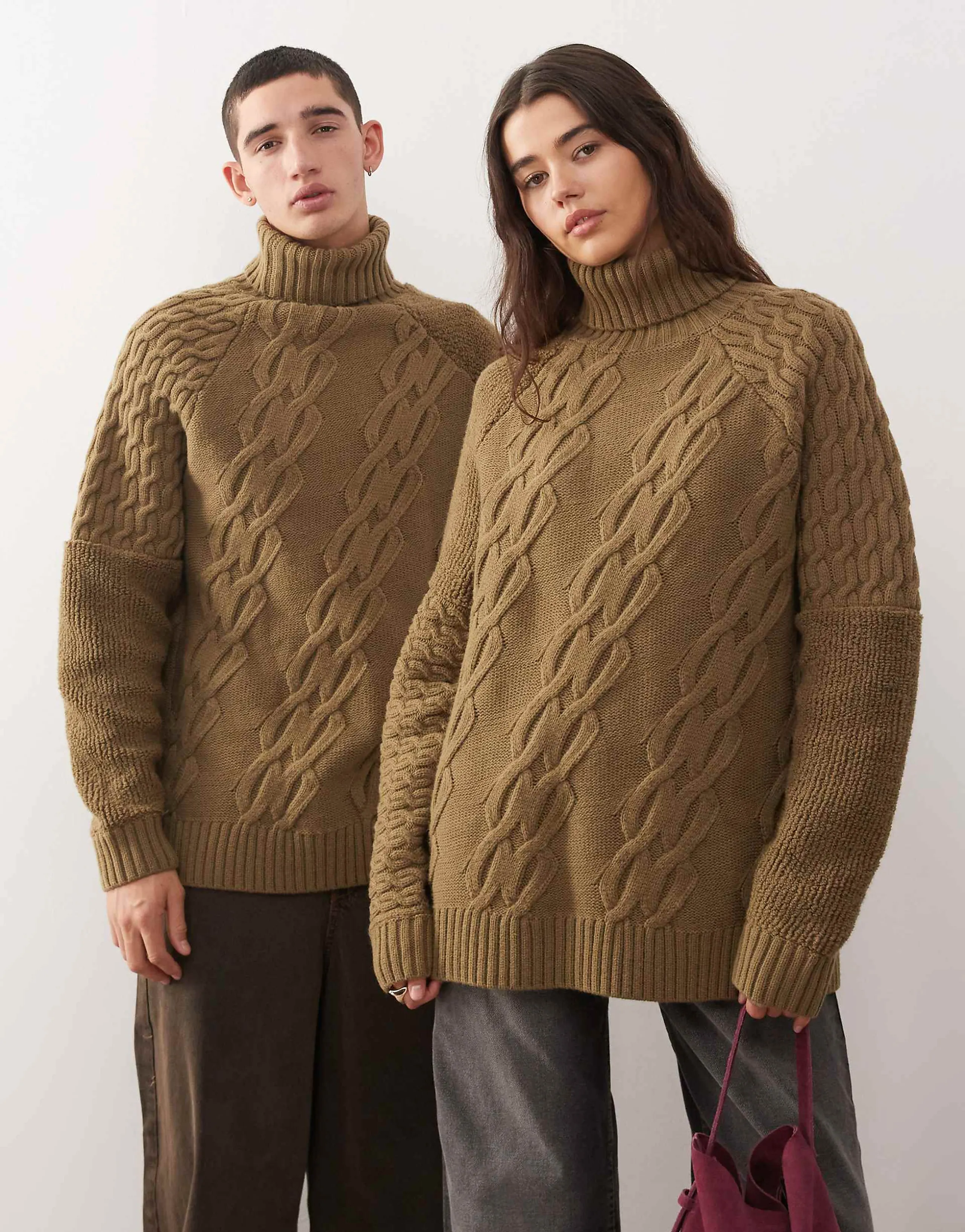 Reclaimed Vintage Unisex mixed cable knit turtle neck sweater in khaki 