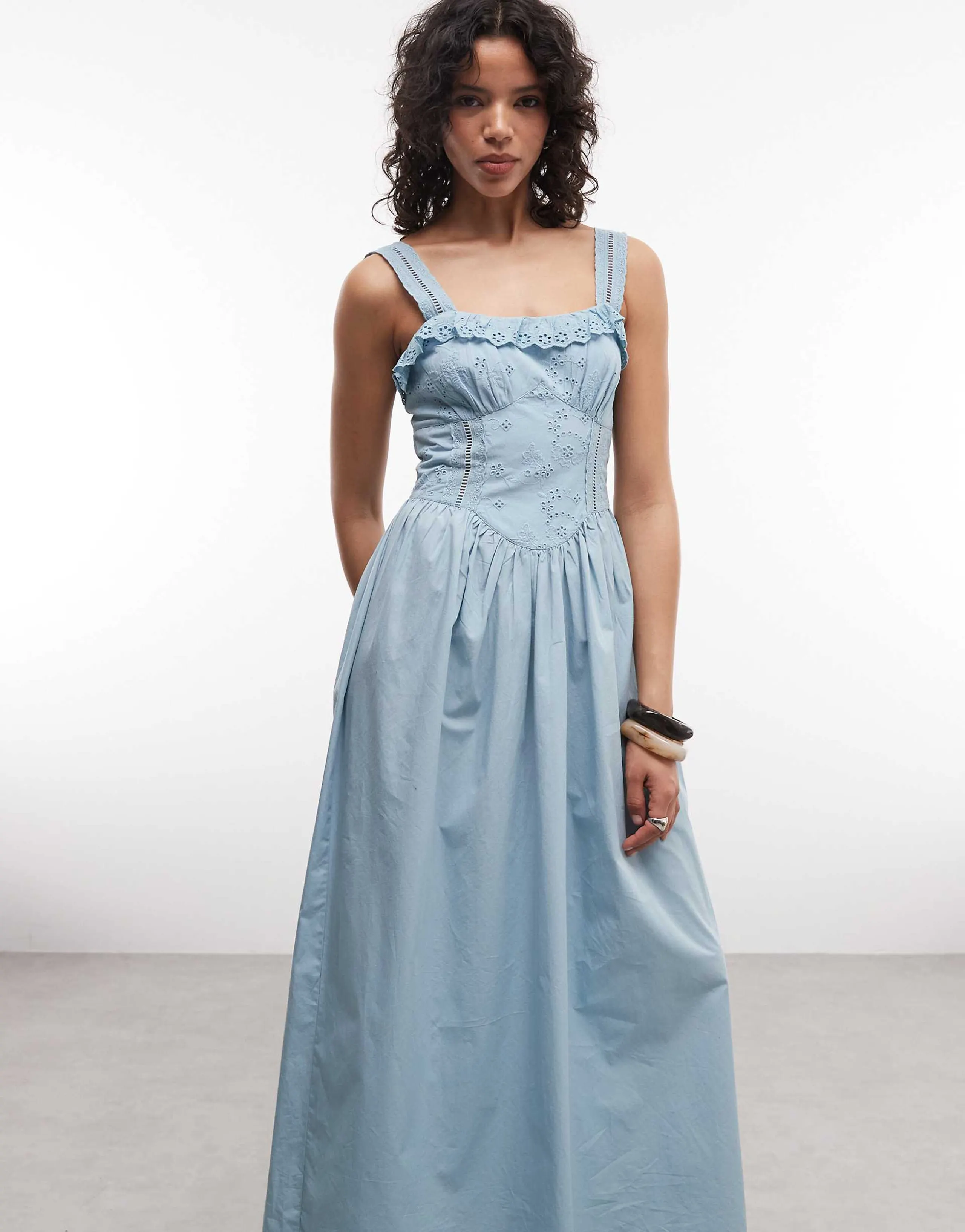 Reclaimed Vintage maxi summer dress with broderie seam and bust detail in blue