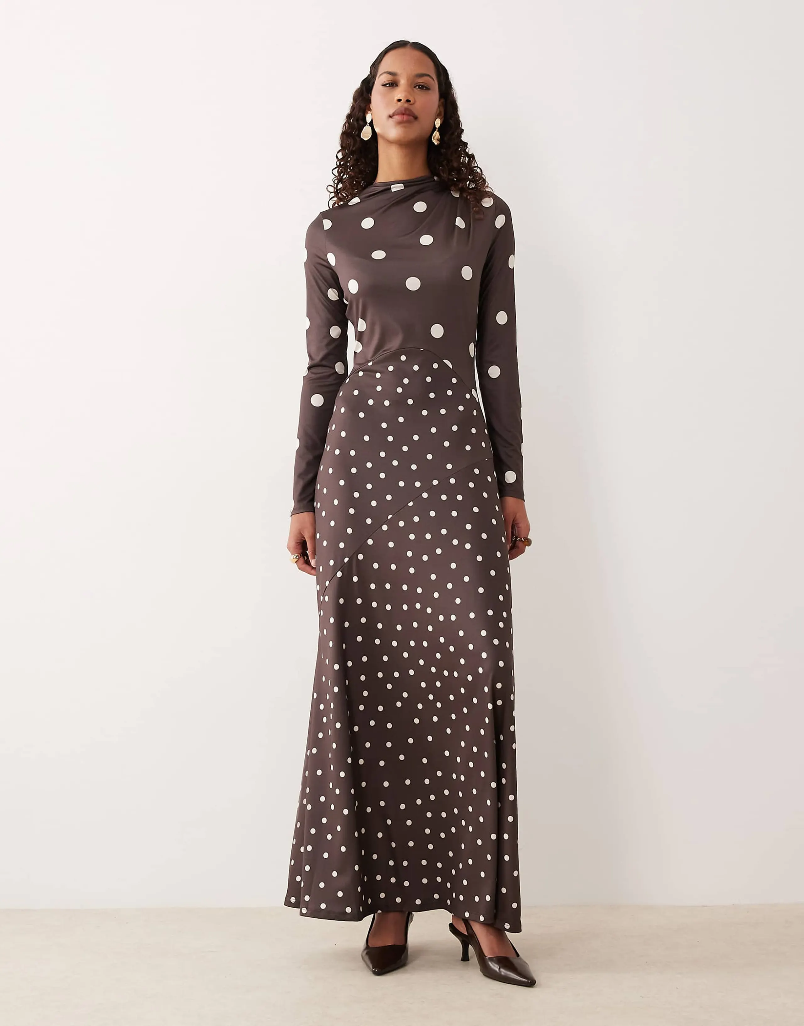 Pretty Lavish slinky spliced printed long sleeved maxi dress in brown polka dot