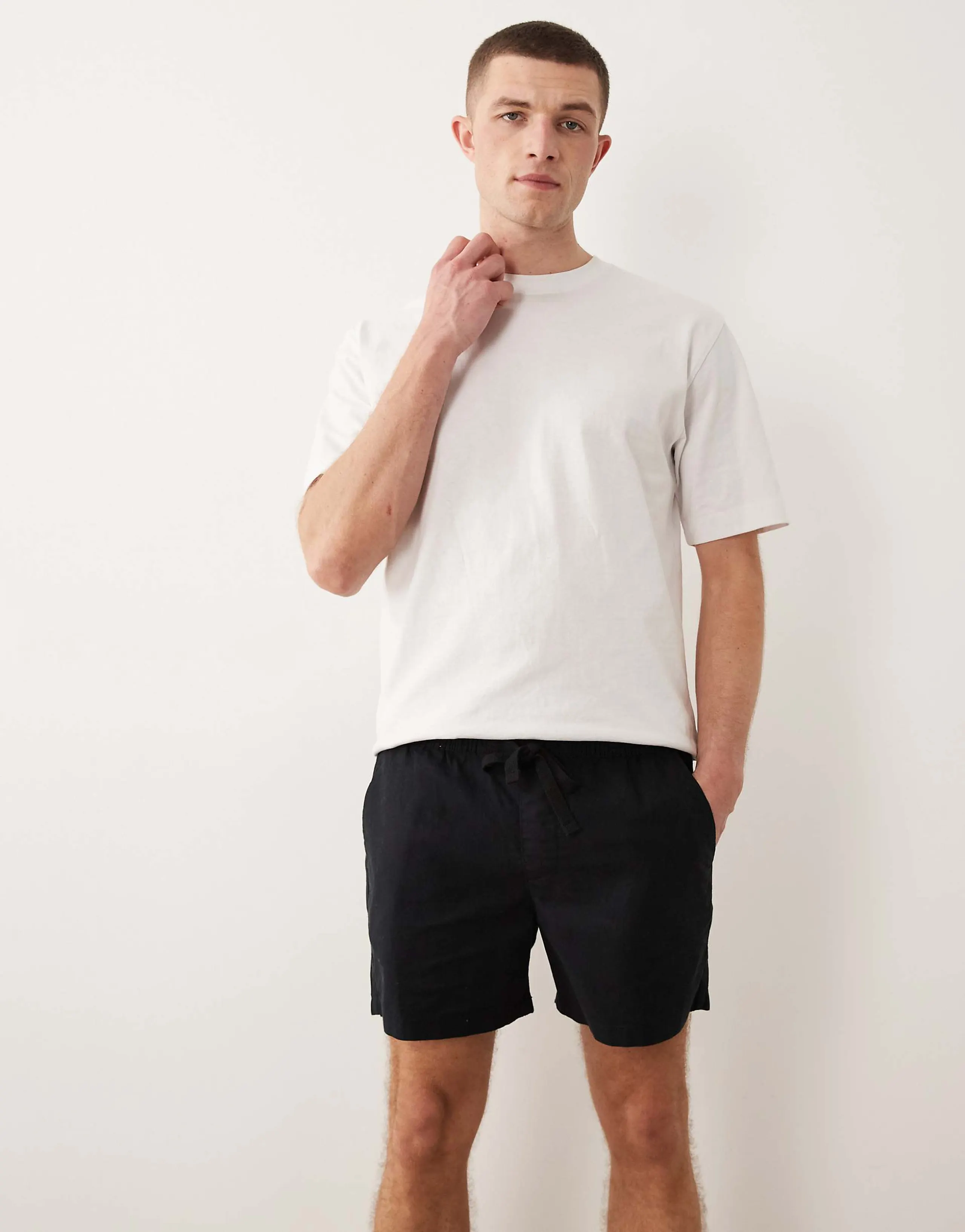 ASOS DESIGN slim linen blend shorts in short length in black