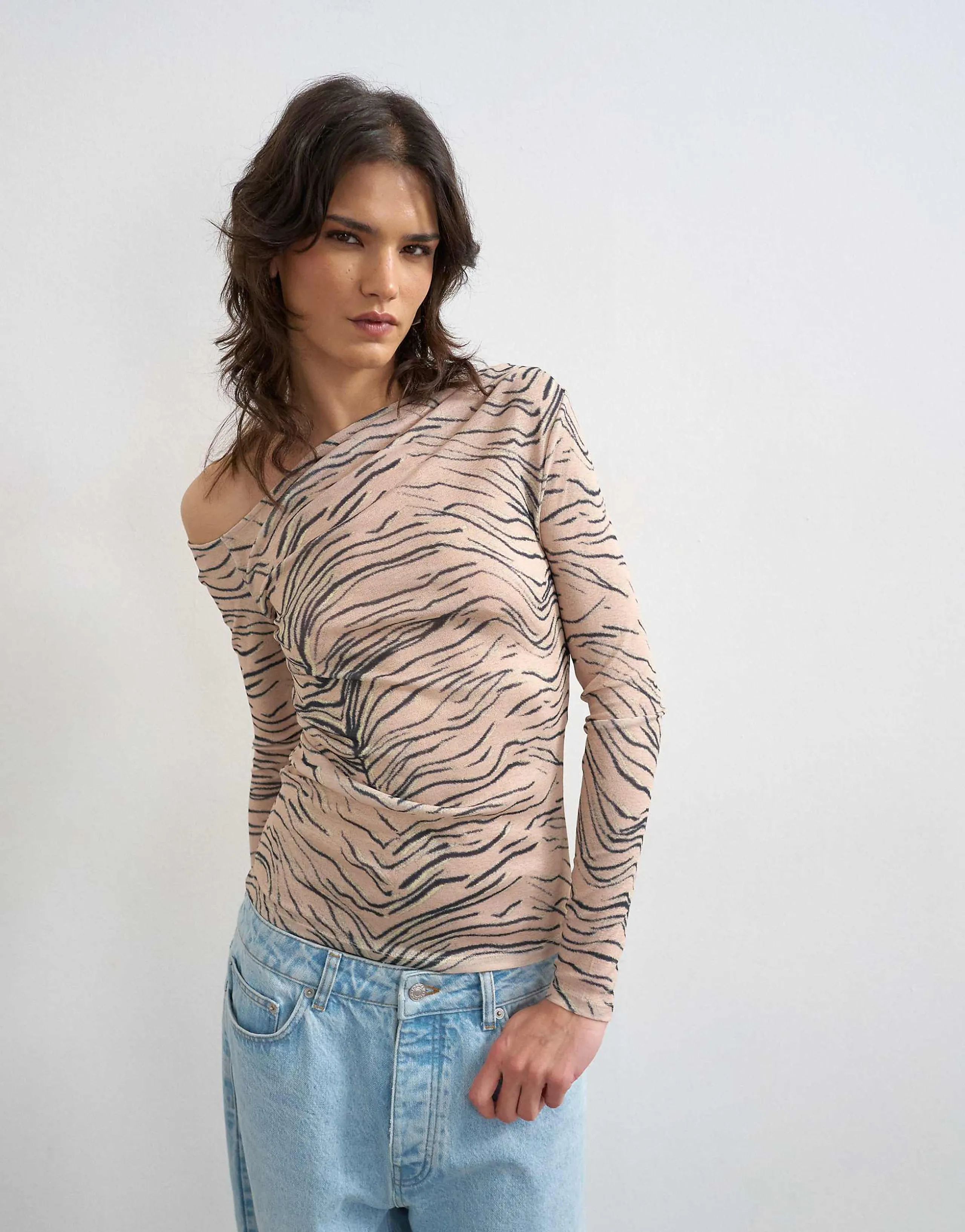 Topshop mesh fallen shoulder long sleeve top in animal print