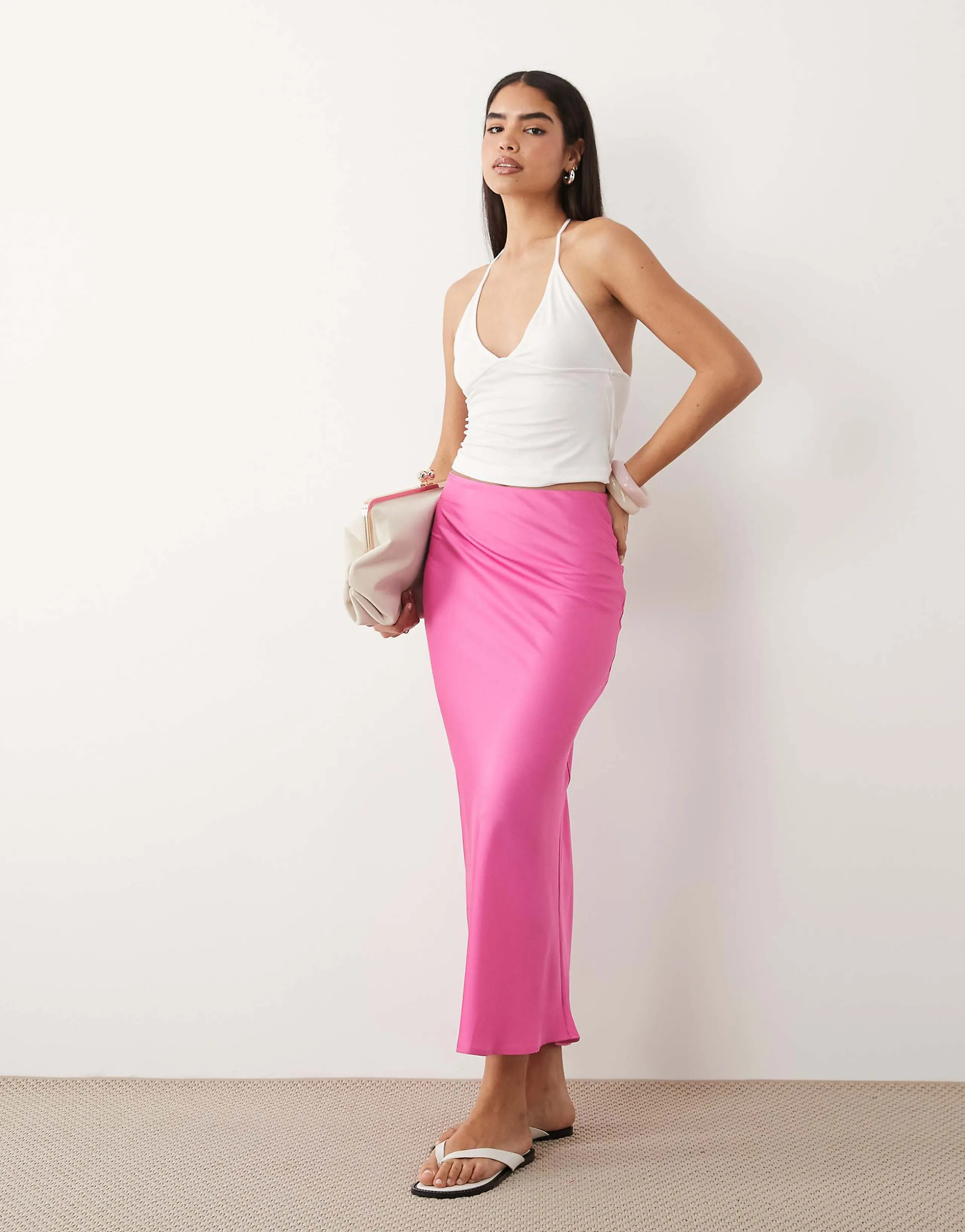 VILA satin midaxi skirt in bright pink 