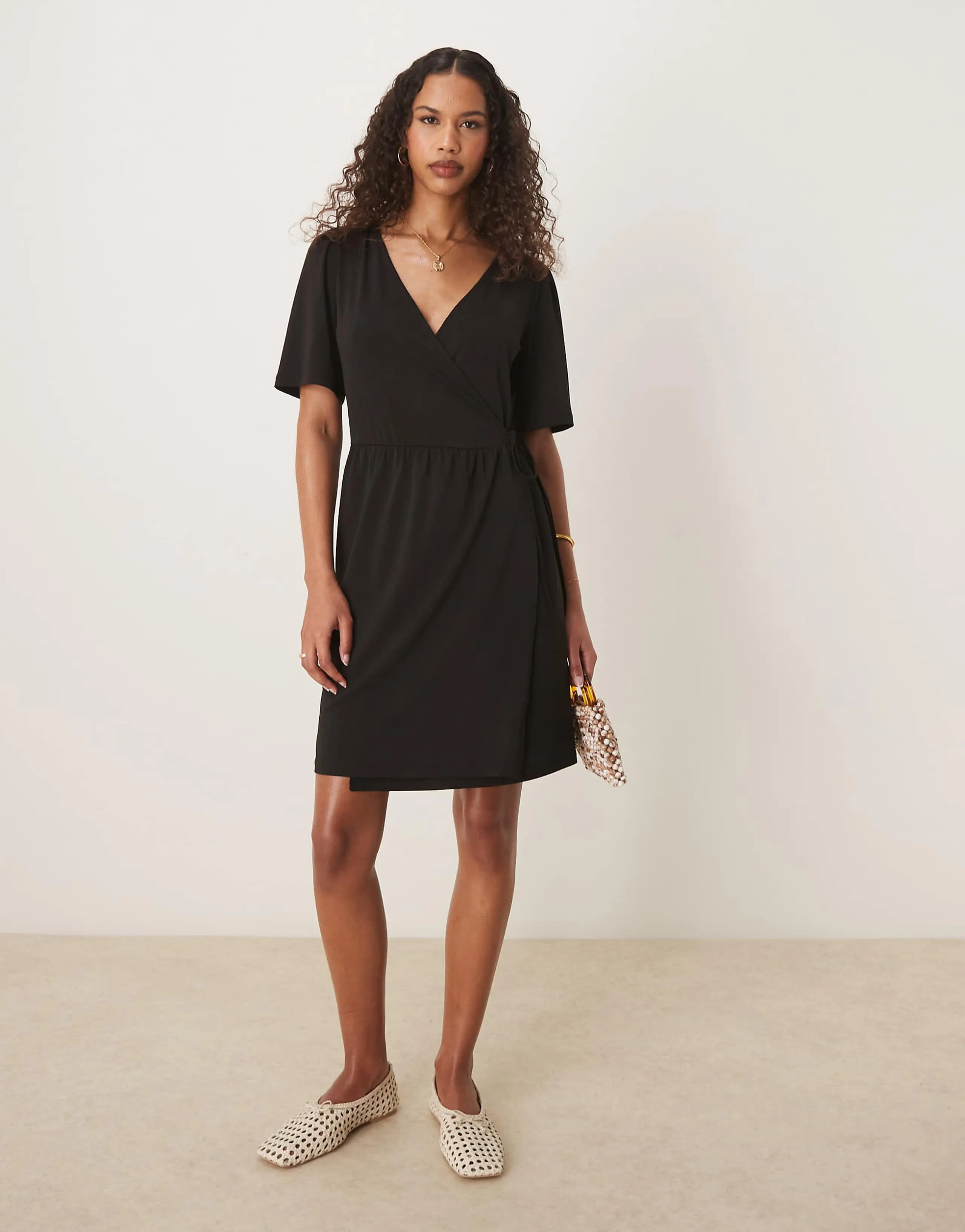Vila jersey wrap front tie side mini dress in black