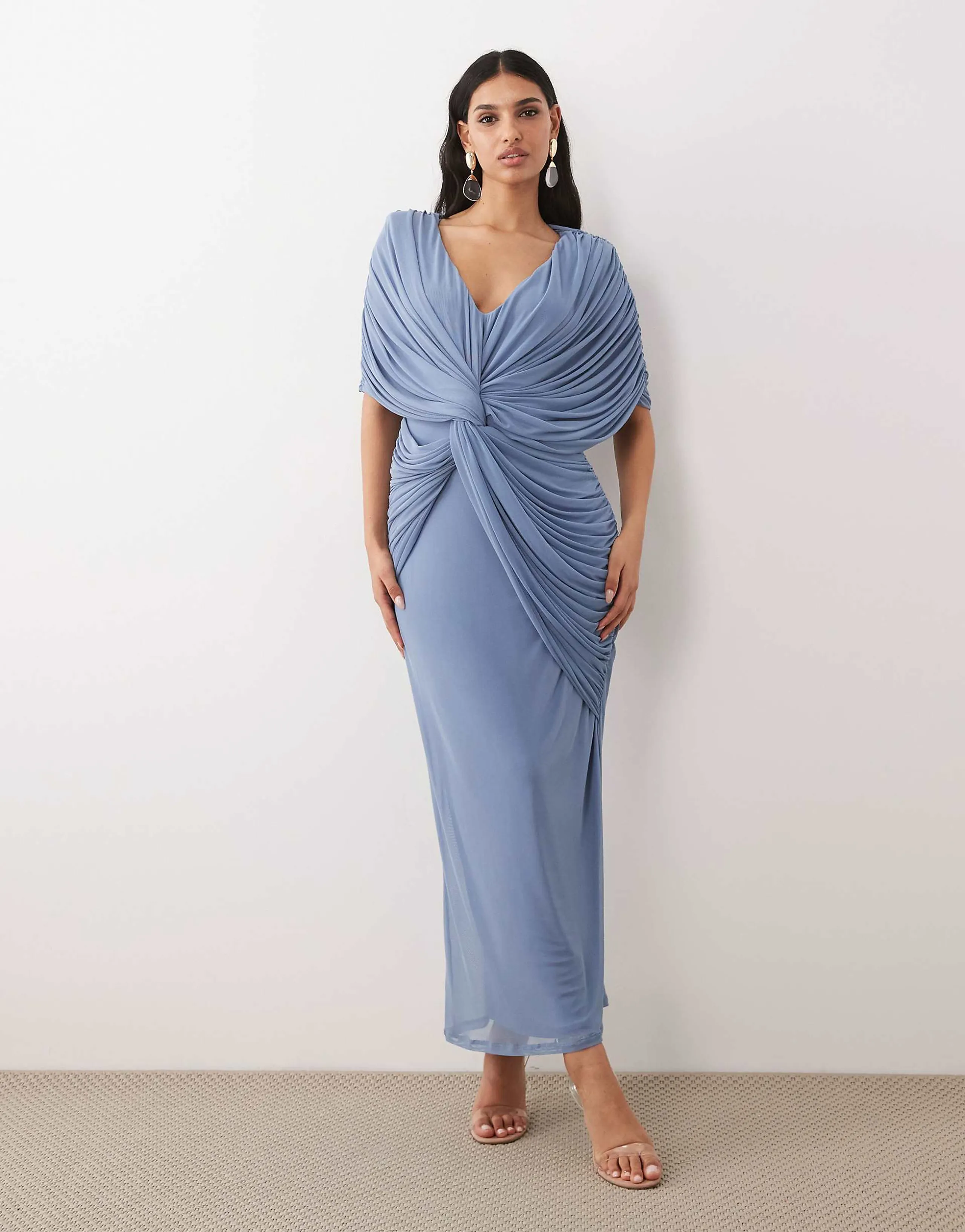 ASOS DESIGN twist plunge neck cape midaxi dress in blue