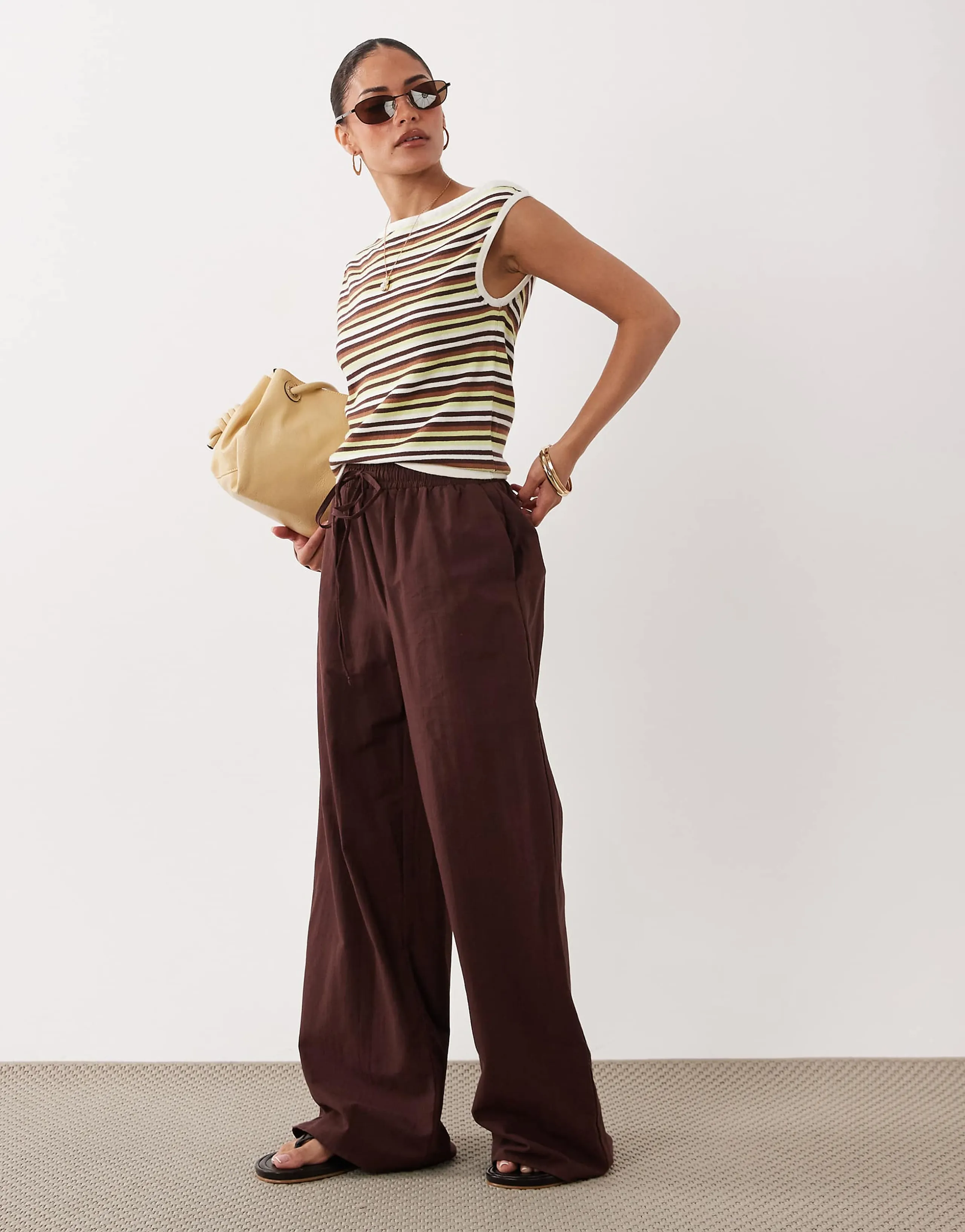 Miss Selfridge Petite linen blend wide leg pants in chocolate