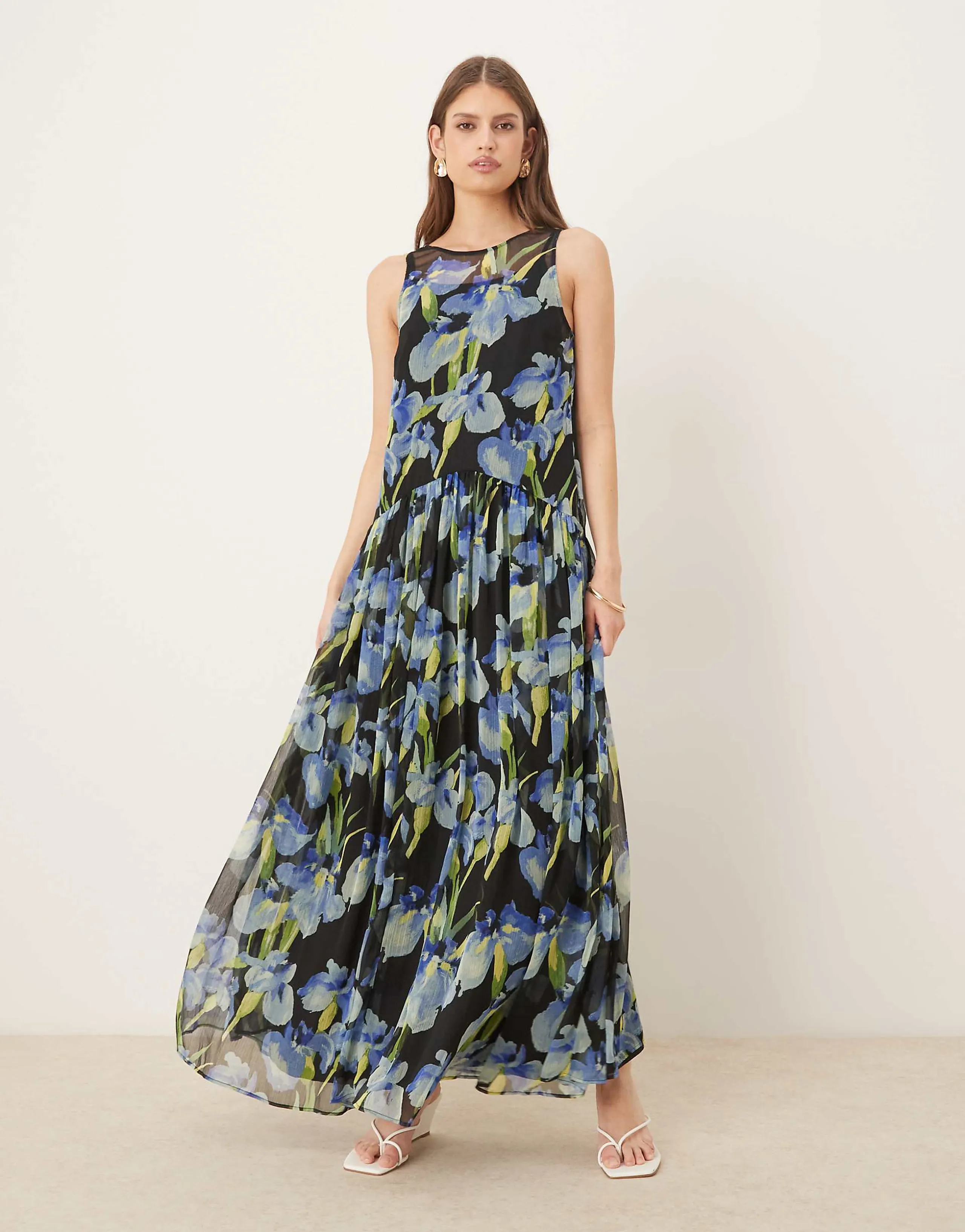 ASOS DESIGN racer neck smock maxi dress in dark based floral