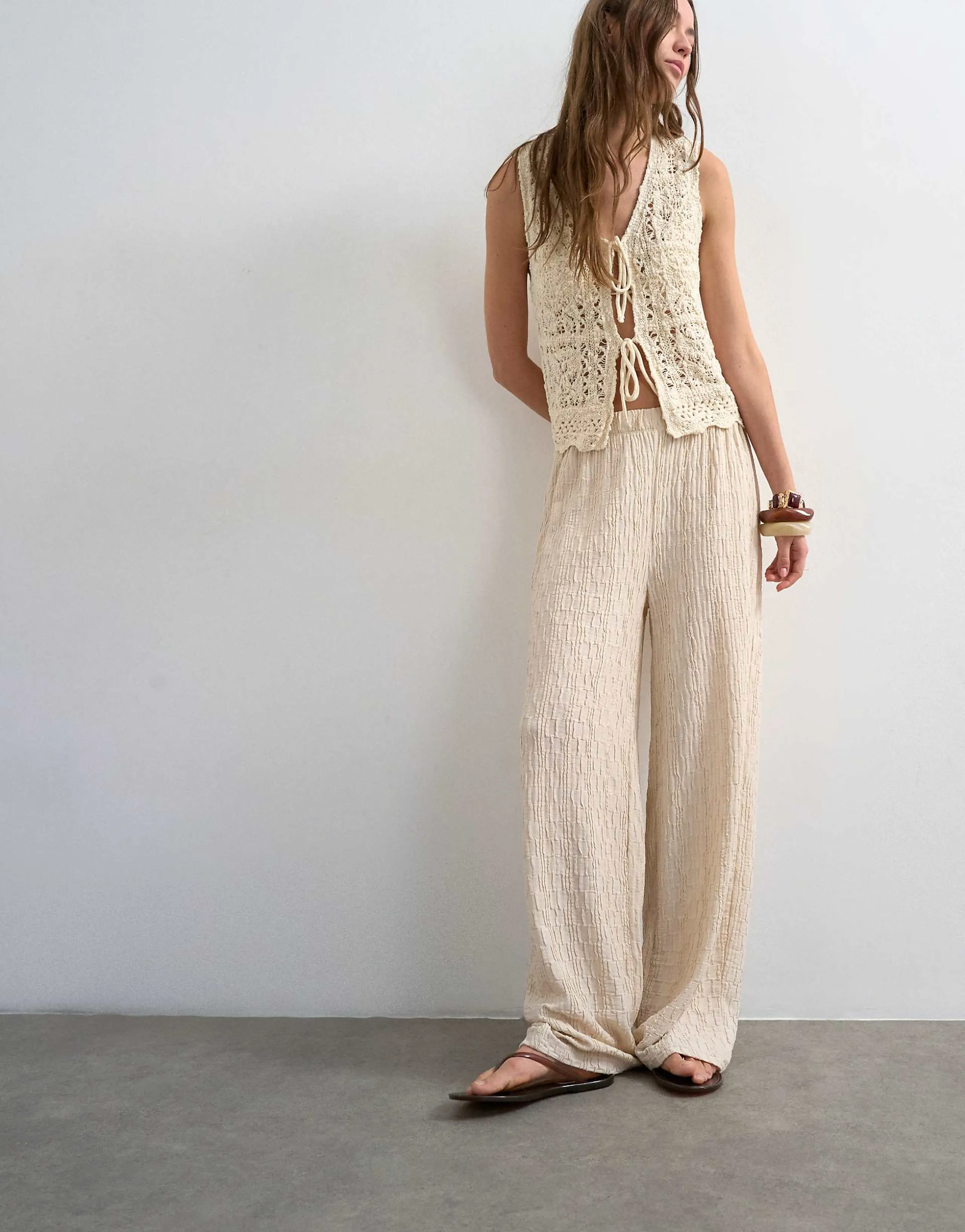 Topshop plisse jersey straight leg pants in stone