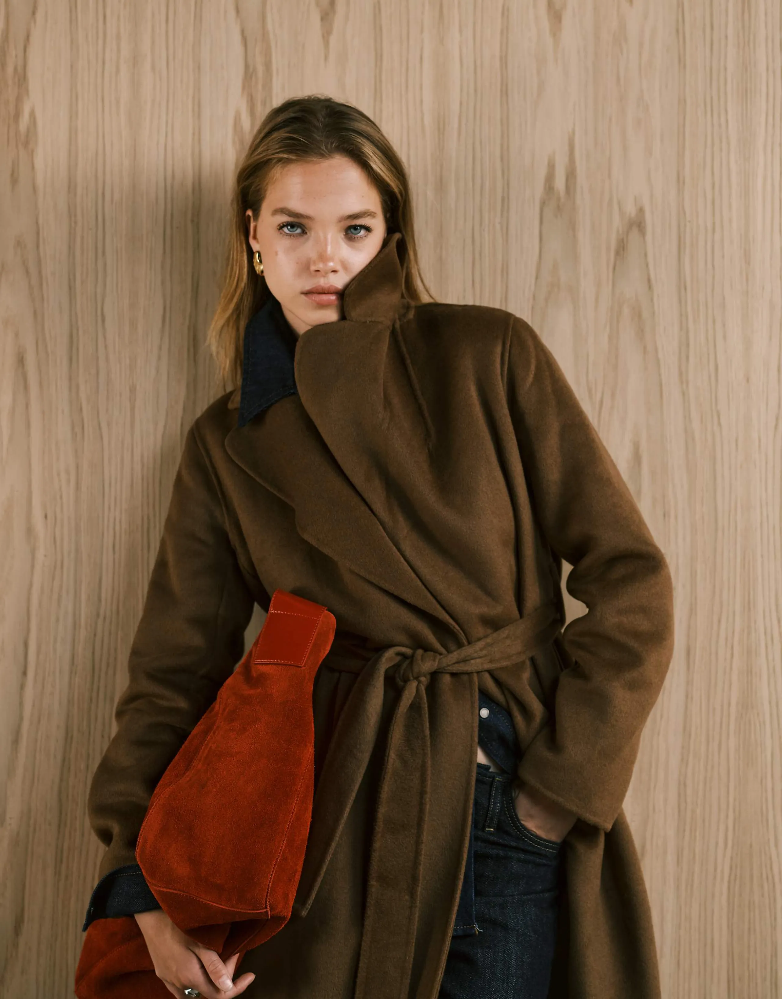 Mango wool mix longline tie waist coat in brown