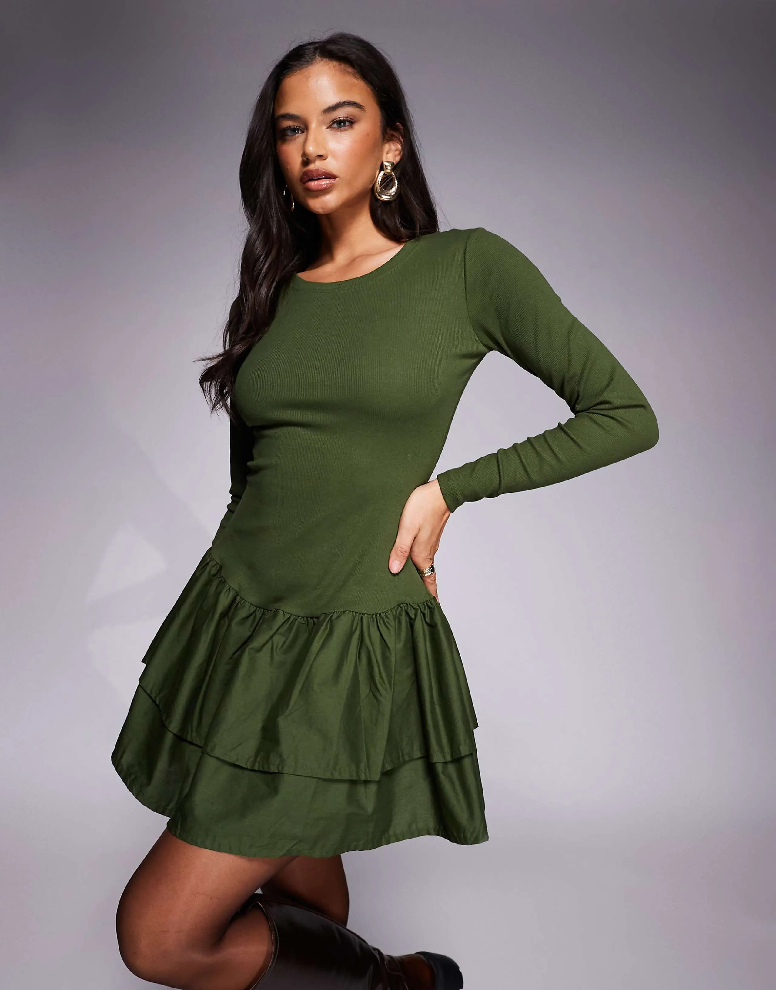 ASOS DESIGN ribbed mini dress with woven skirt in green