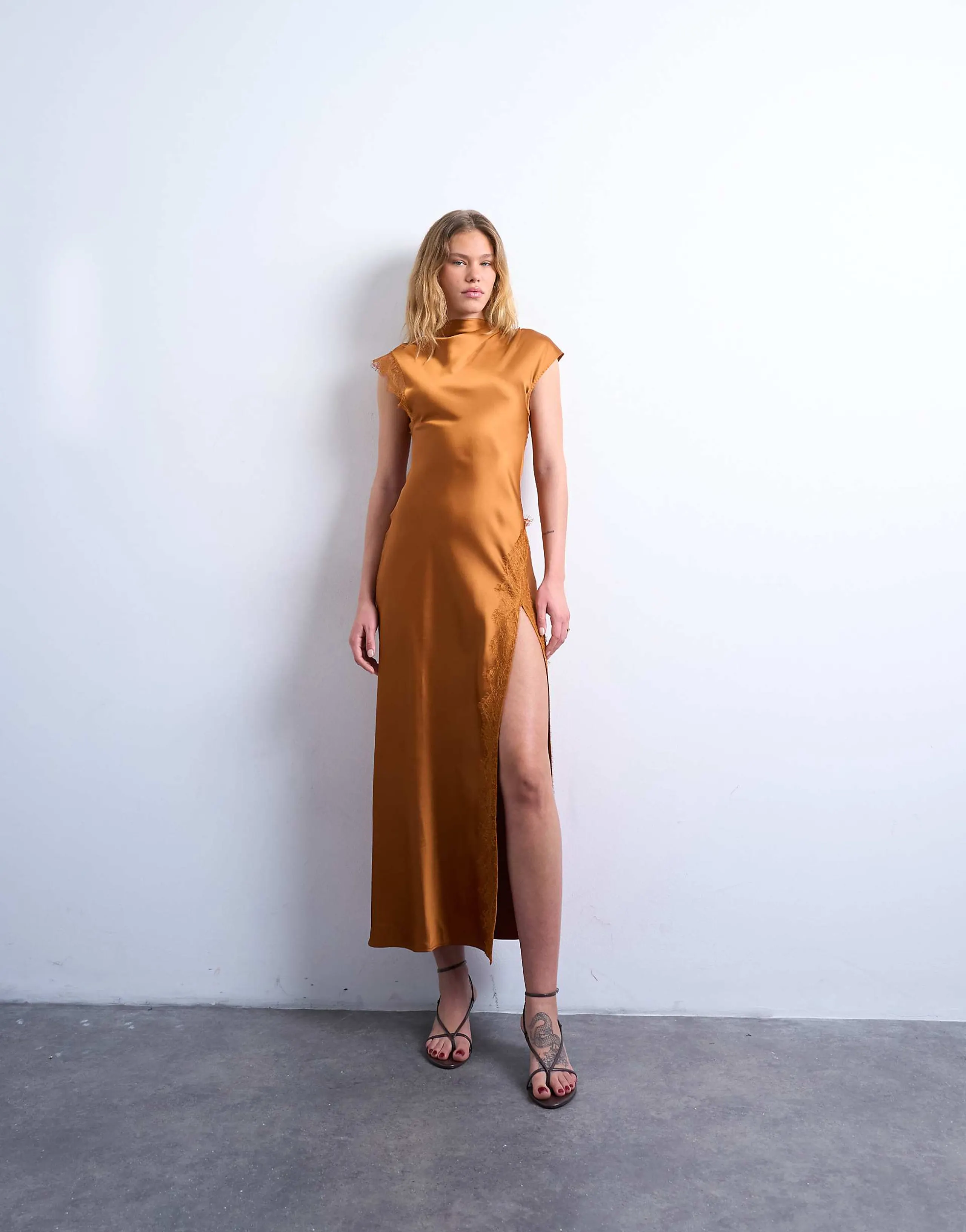 Topshop satin drape neck maxi dress with lace trim in caramel
