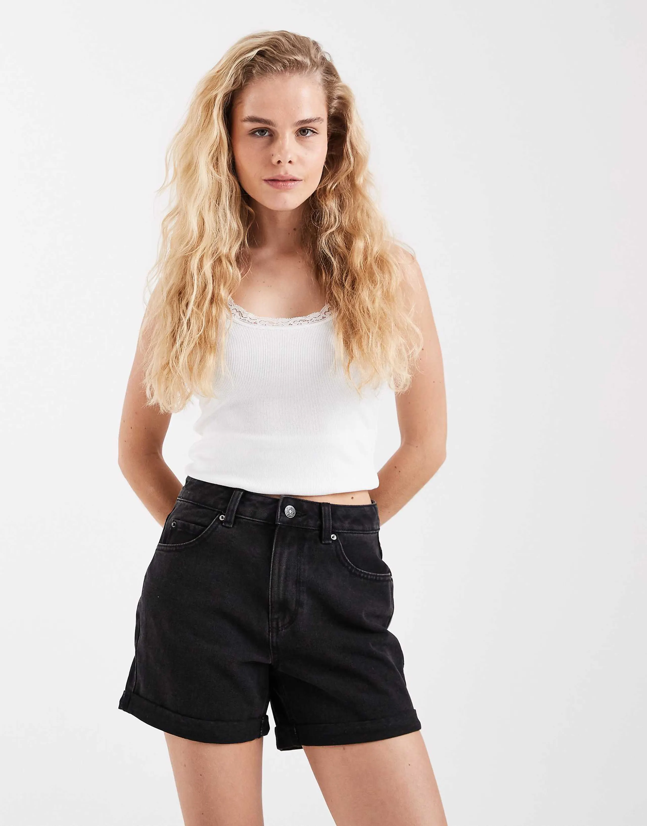 Vero Moda loose denim shorts with cuffs in washed black
