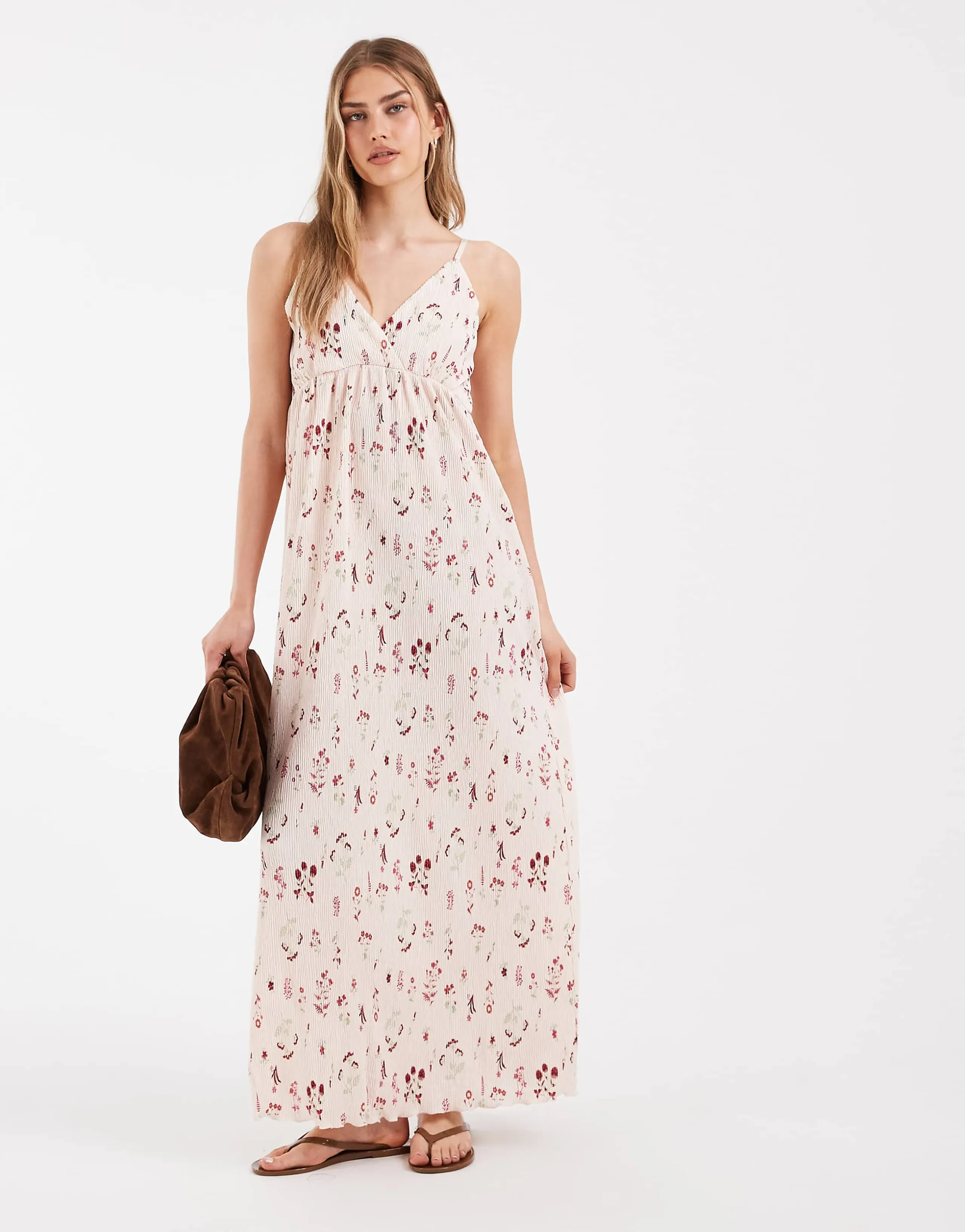 PIECES wrap detail cami plisse maxi dress in pale pink floral print