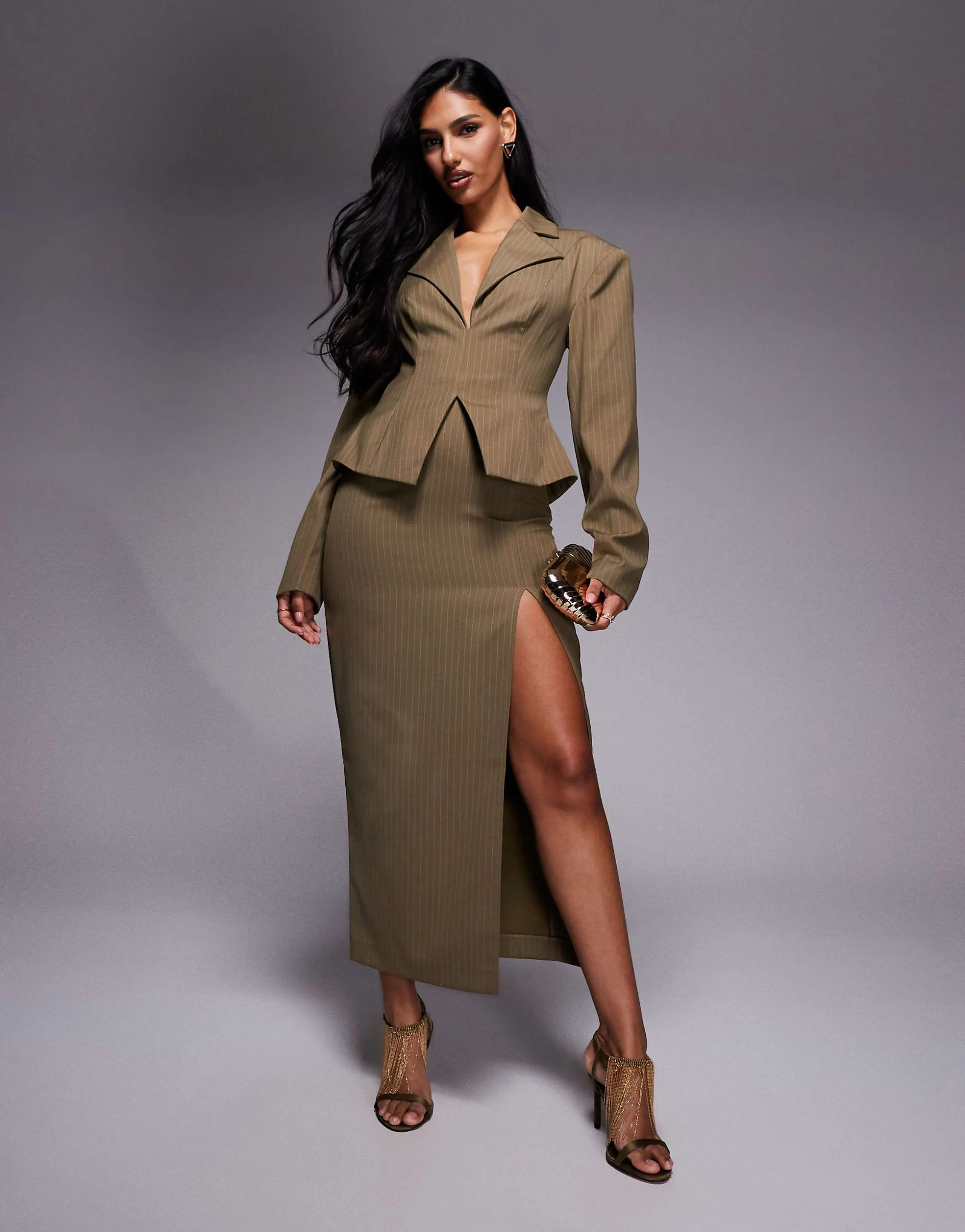ASOS LUXE cinched blazer midi dress in khaki pinstripe
