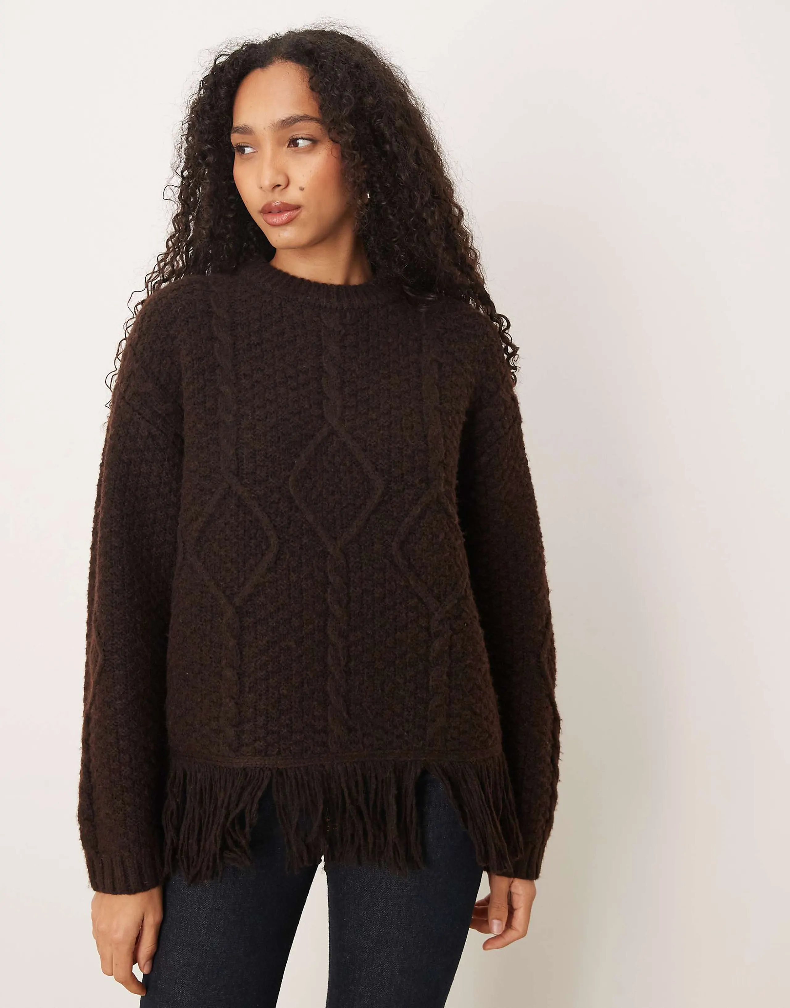 ASOS DESIGN cable knit crew neck fringed sweater in chocolate