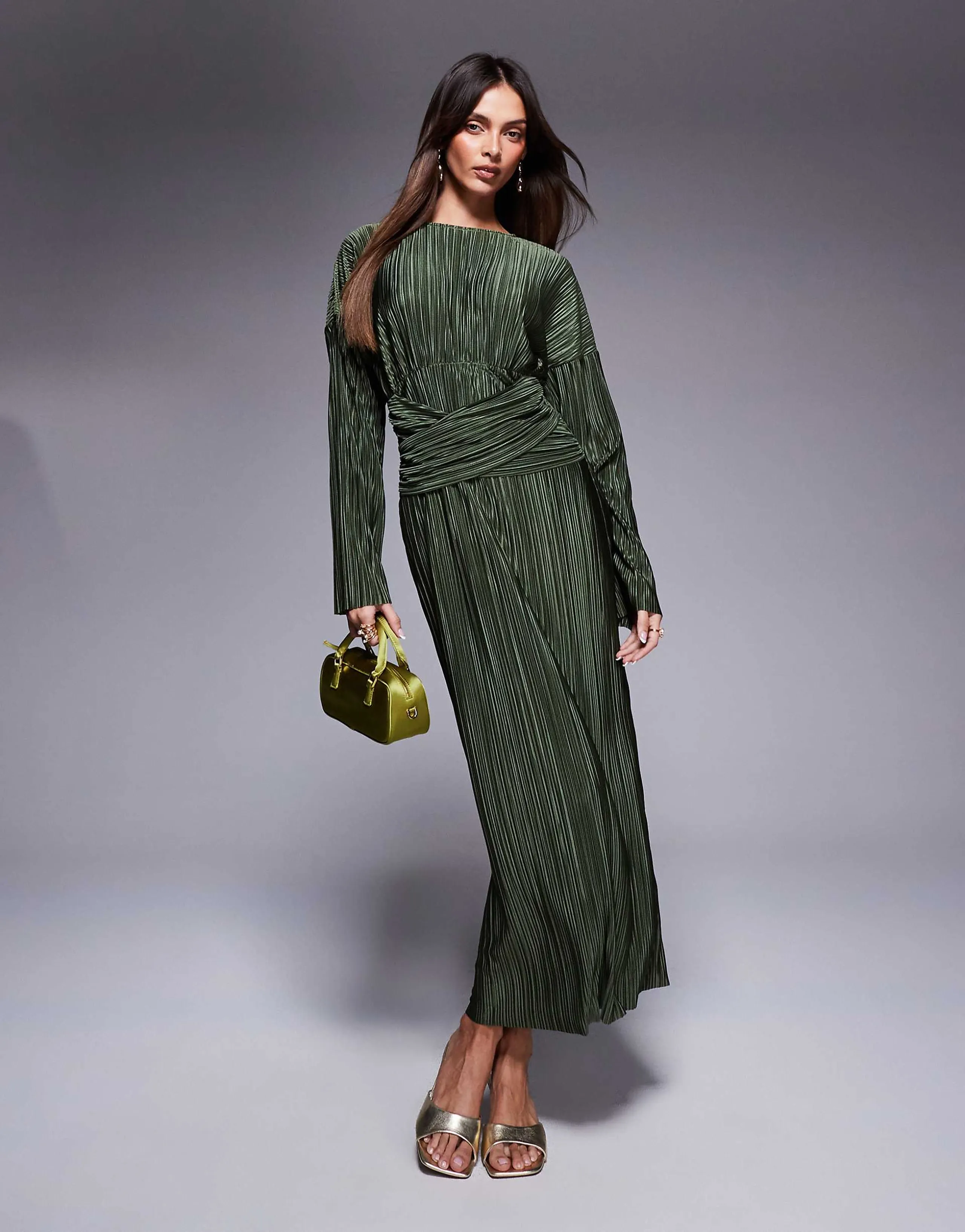 ASOS DESIGN plisse high neck long sleeve wrap waist maxi dress in khaki