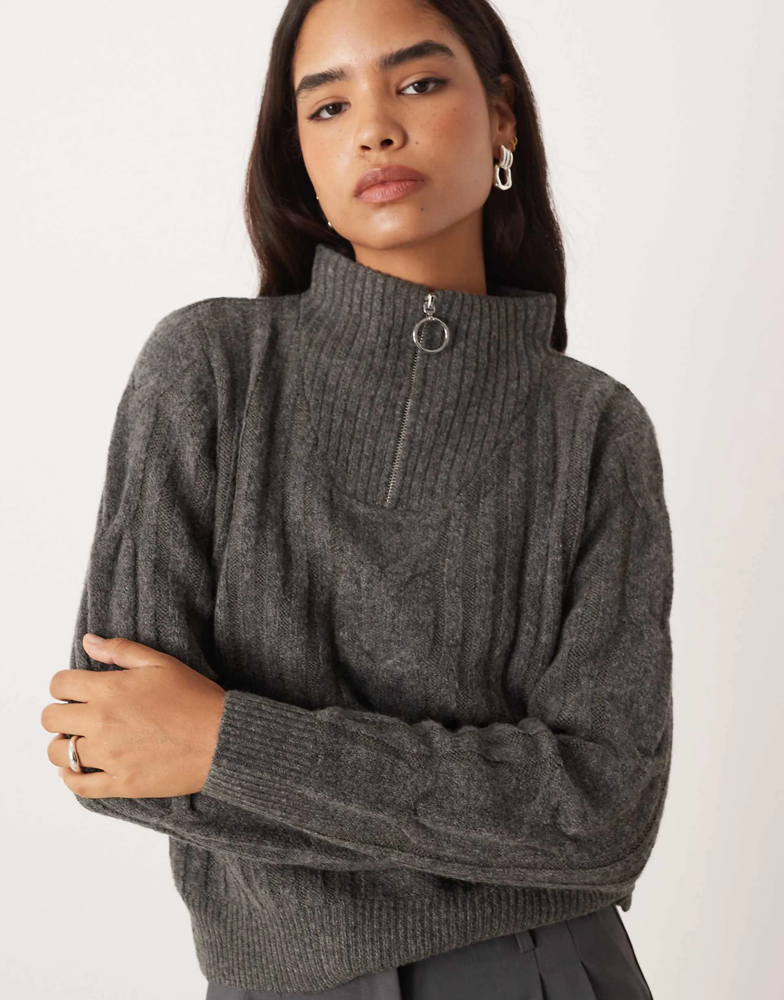 JDY half zip cable knit pullover sweater in dark gray
