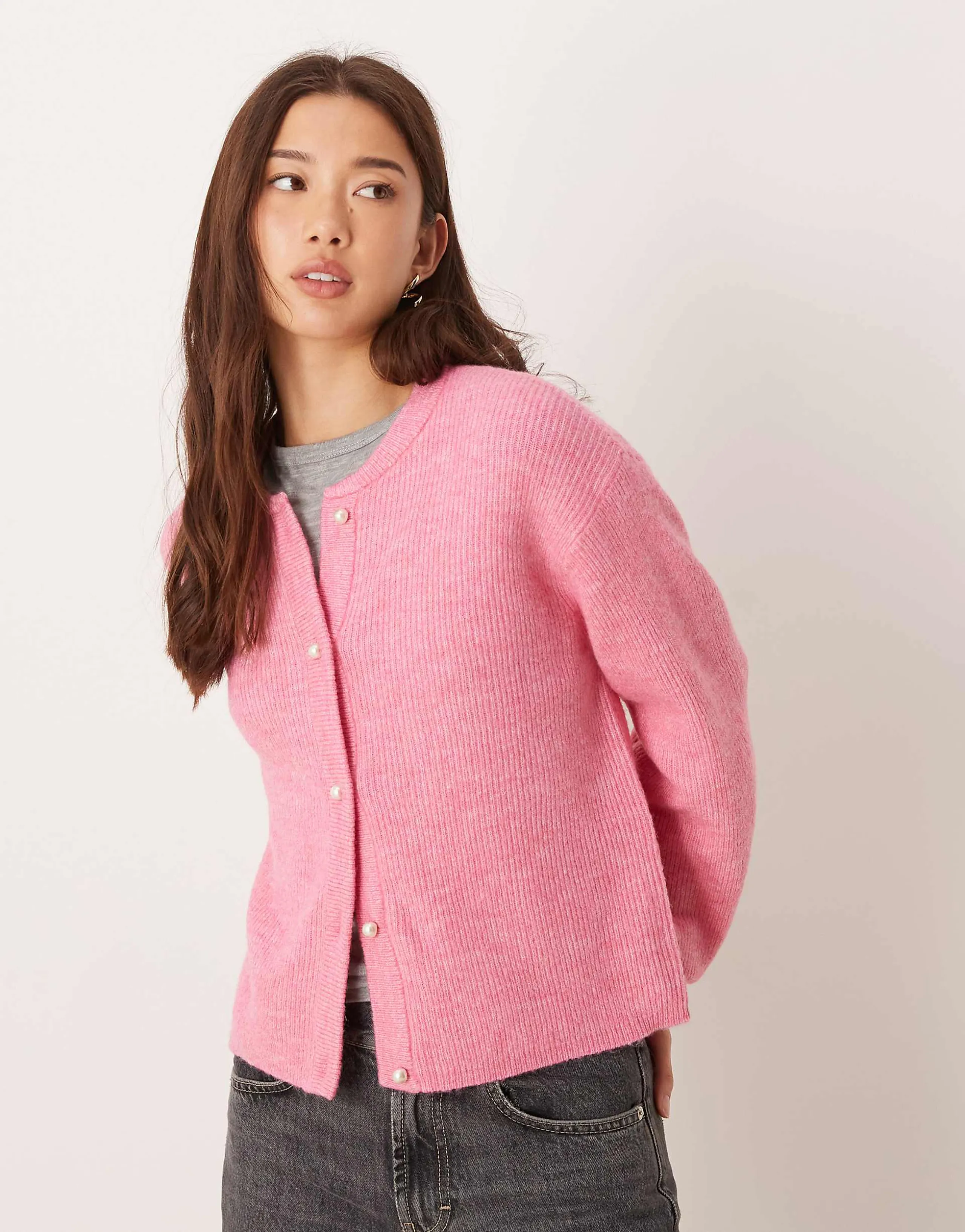 JDY pearl button cardigan in bright pink
