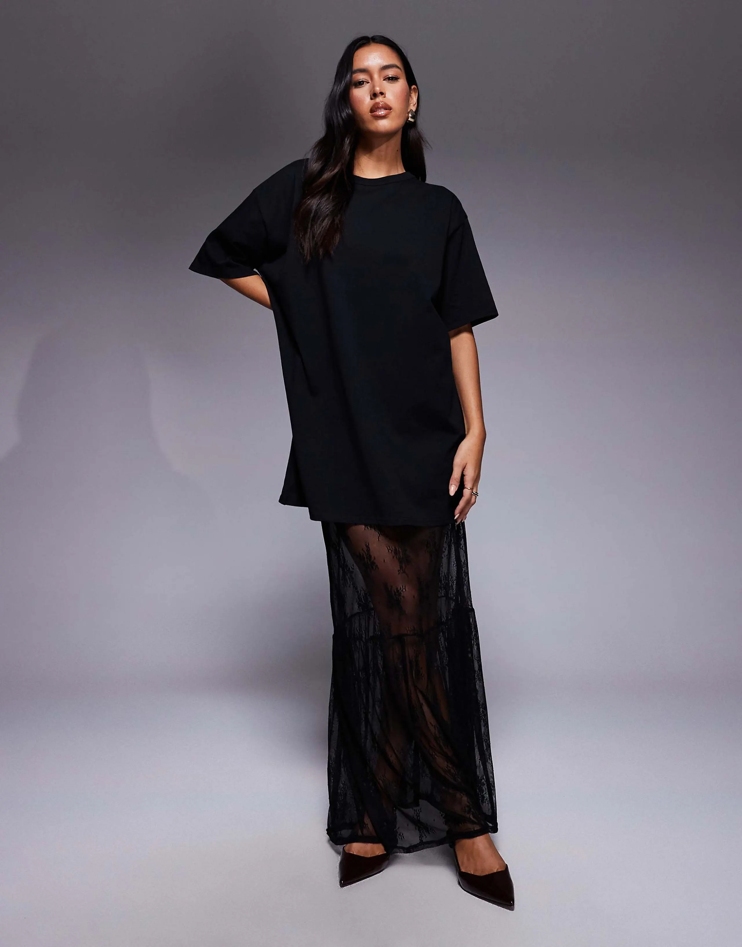 Fashionkilla cotton blend lace tiered hem maxi t-shirt dress in black