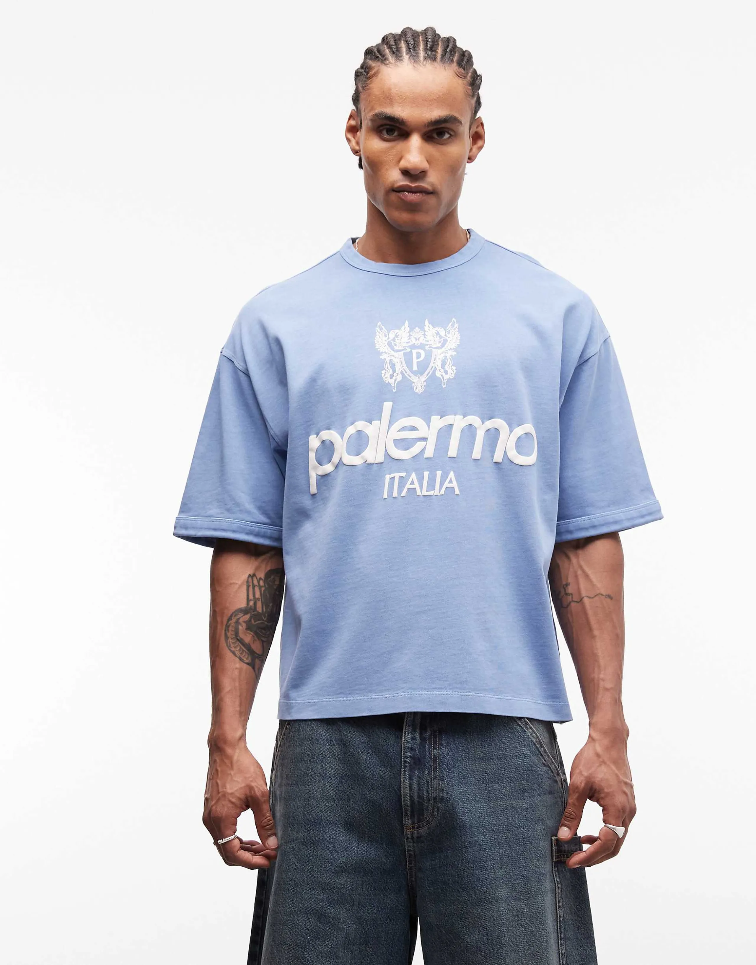 ASOS DESIGN boxy oversized T-shirt with sports graphic in washed blue