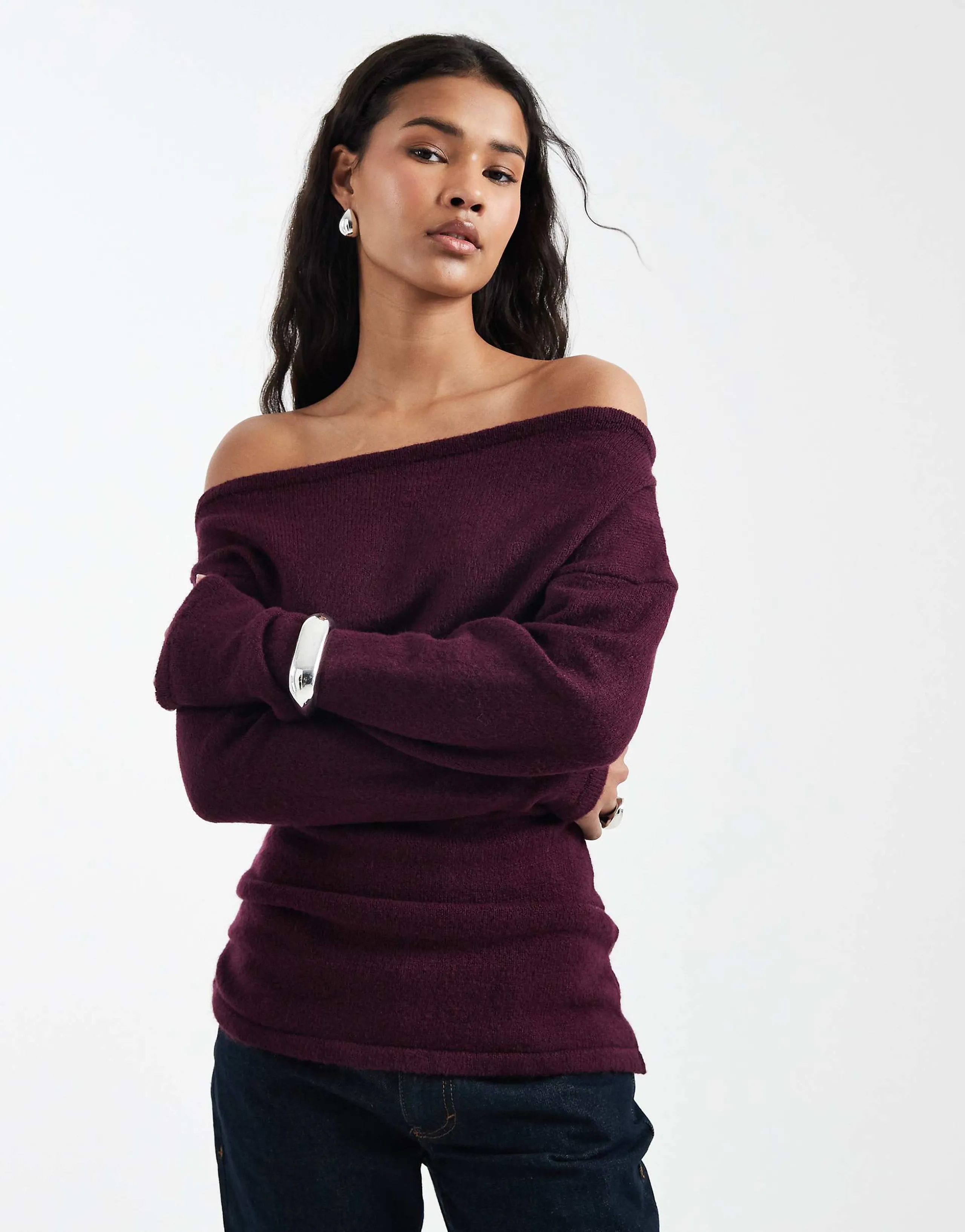 ASOS DESIGN knit one shoulder ruched sweater in plum