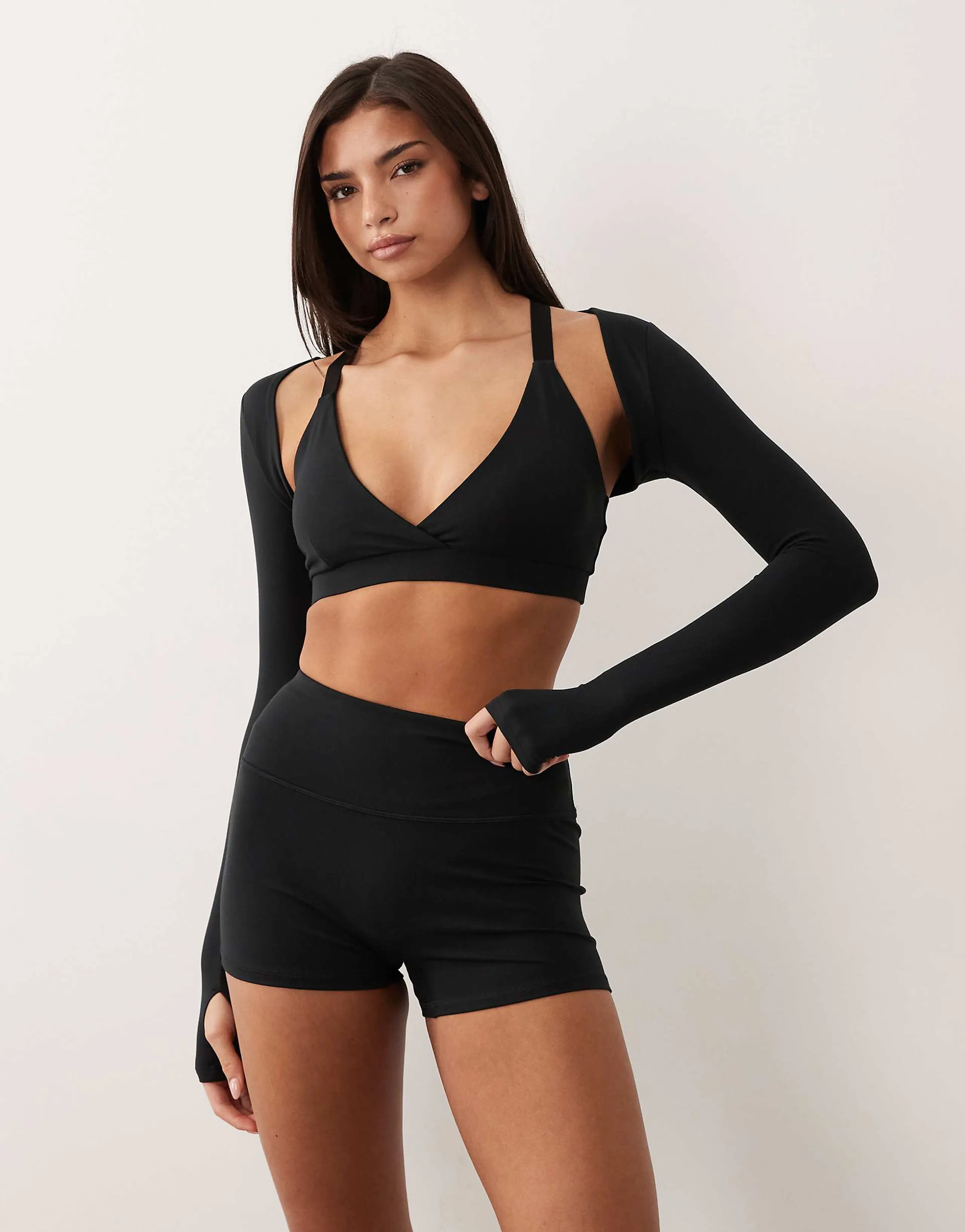4505 soft touch layering long sleeve shrug in black