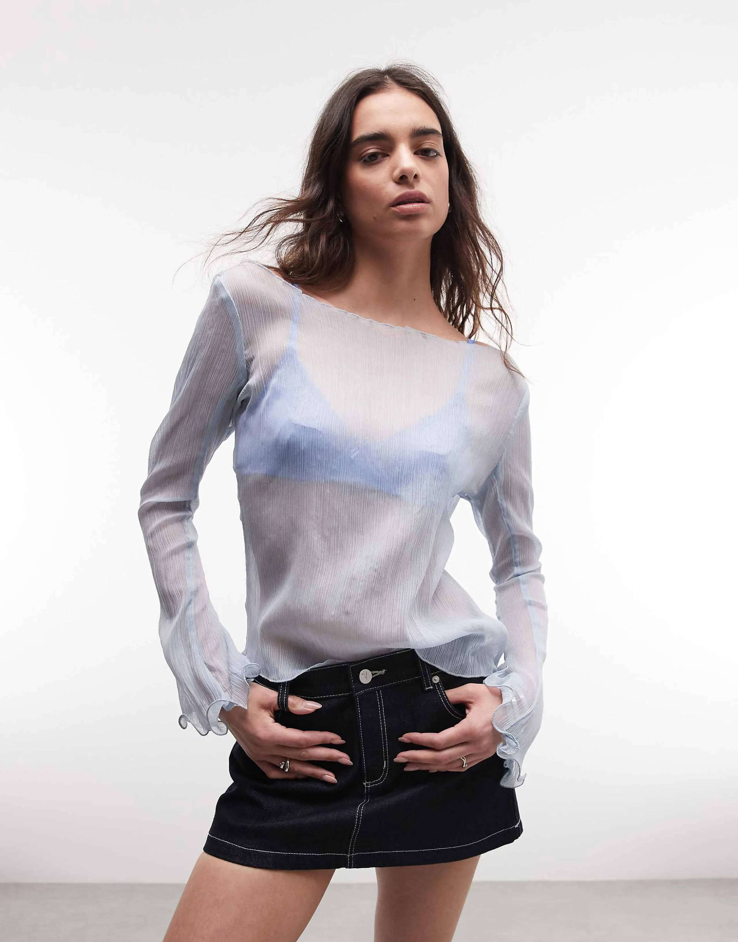 Monki sheer floaty long sleeve top in light blue