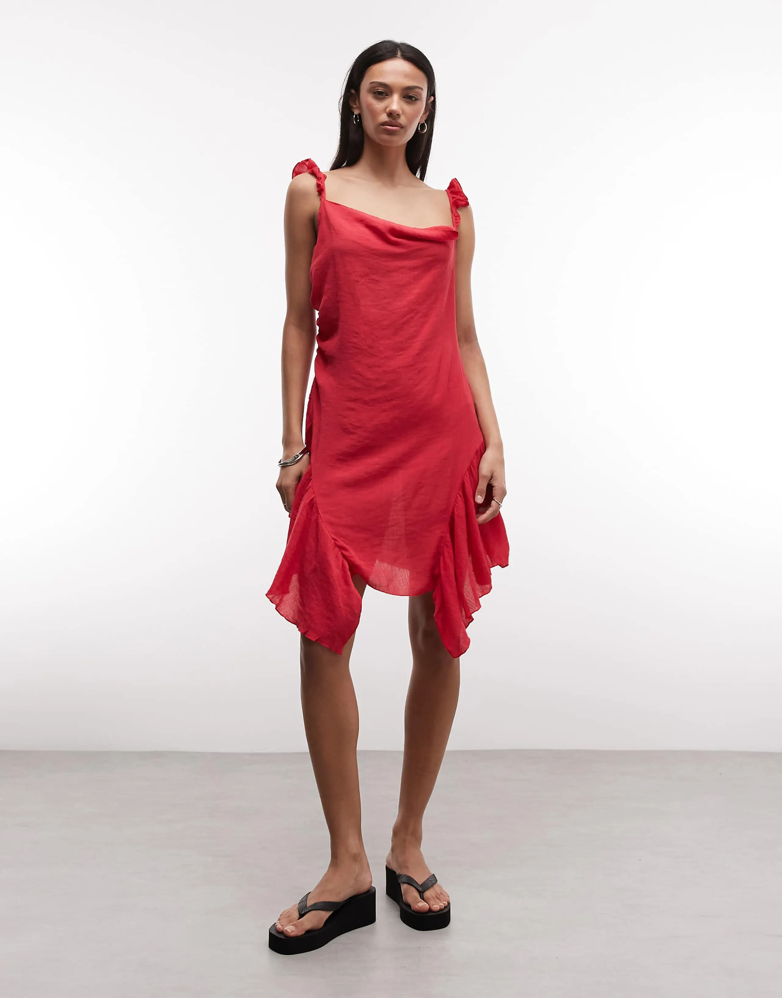 Monki asymmetric ruffle mini dress in red