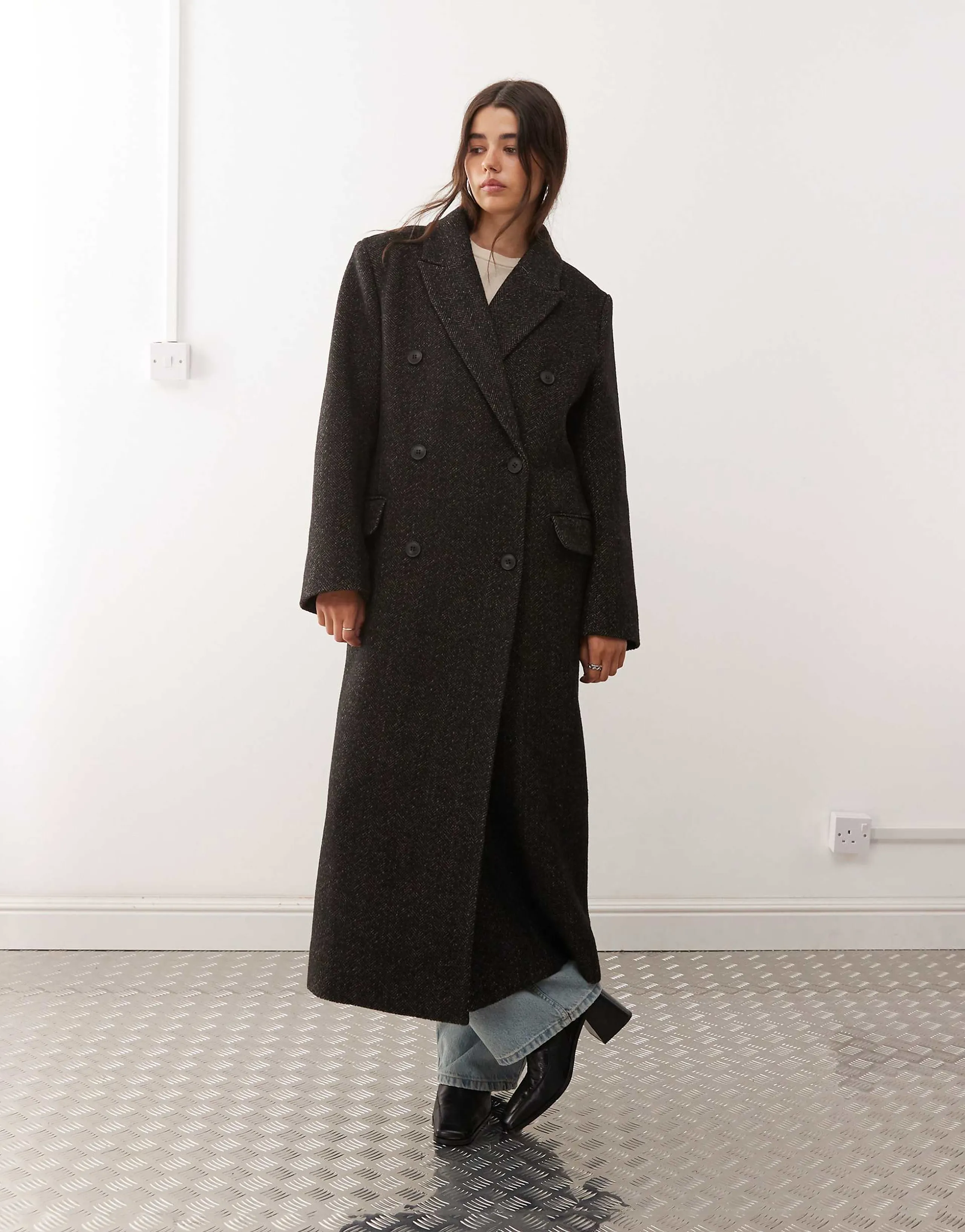 Weekday Logan wool blend oversized coat in mole herringbone