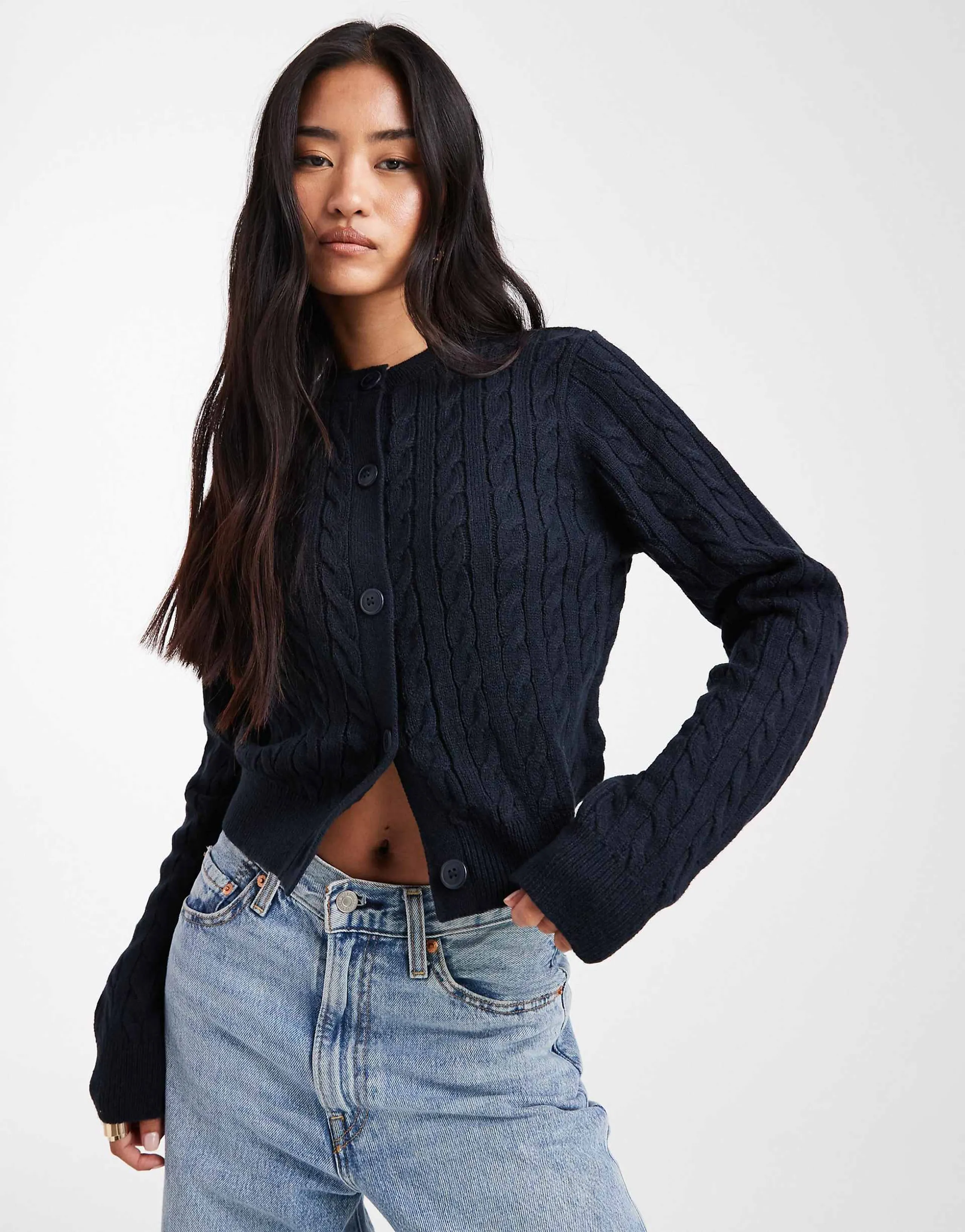 Miss Selfridge cable knit crew neck cardigan in navy