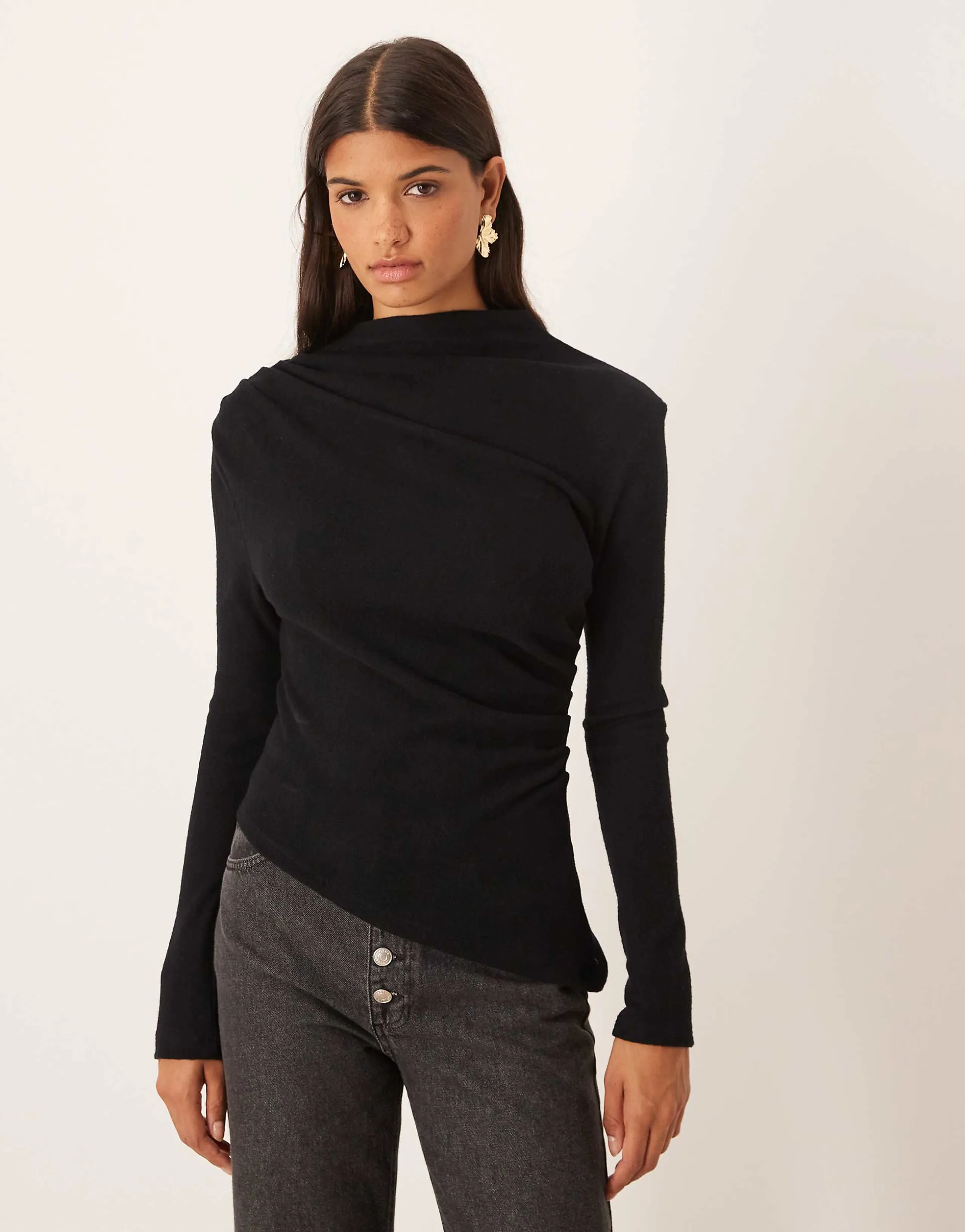 ASOS DESIGN grown on neck pleat detail super soft top in black