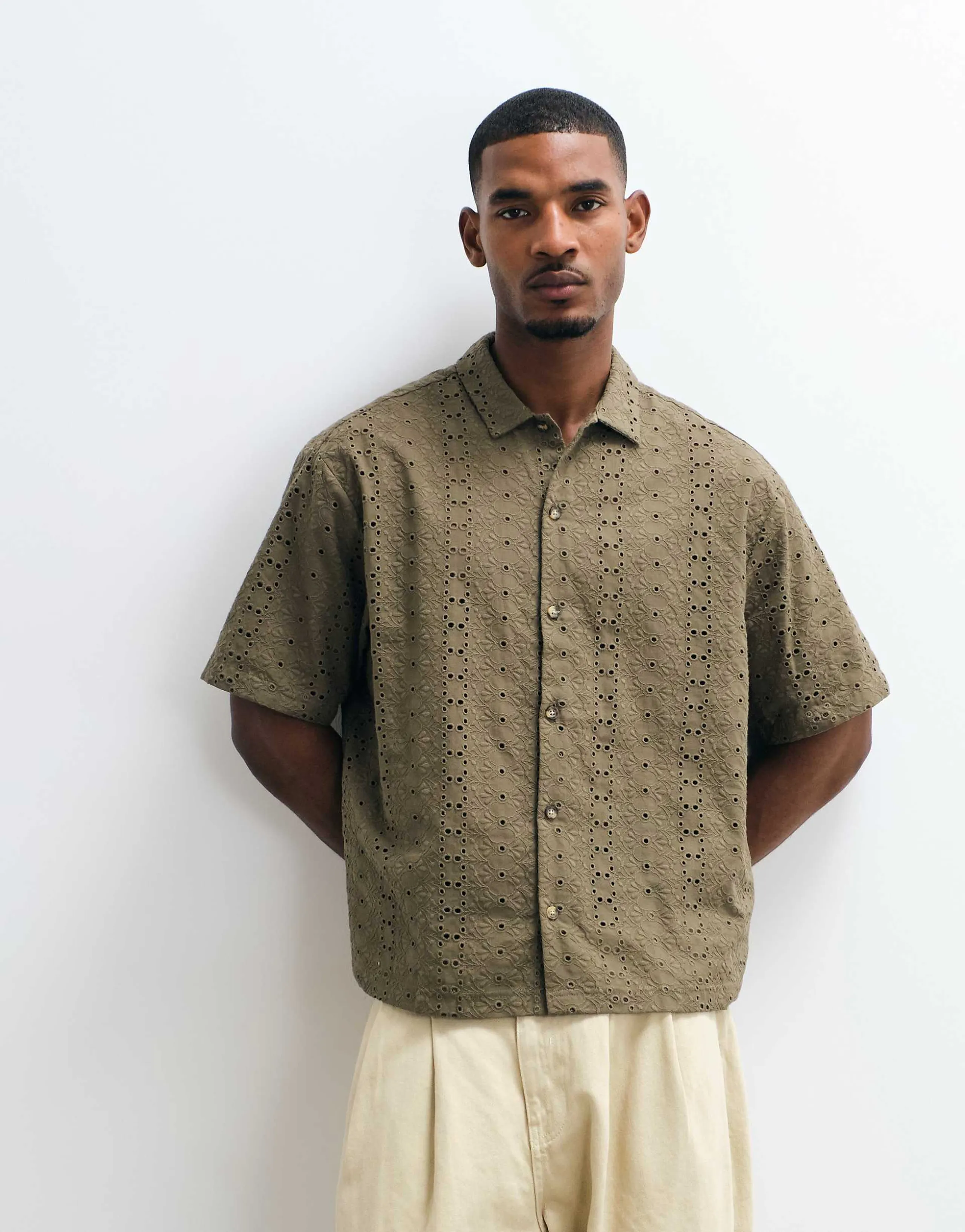 ASOS DESIGN boxy oversized broderie shirt in khaki