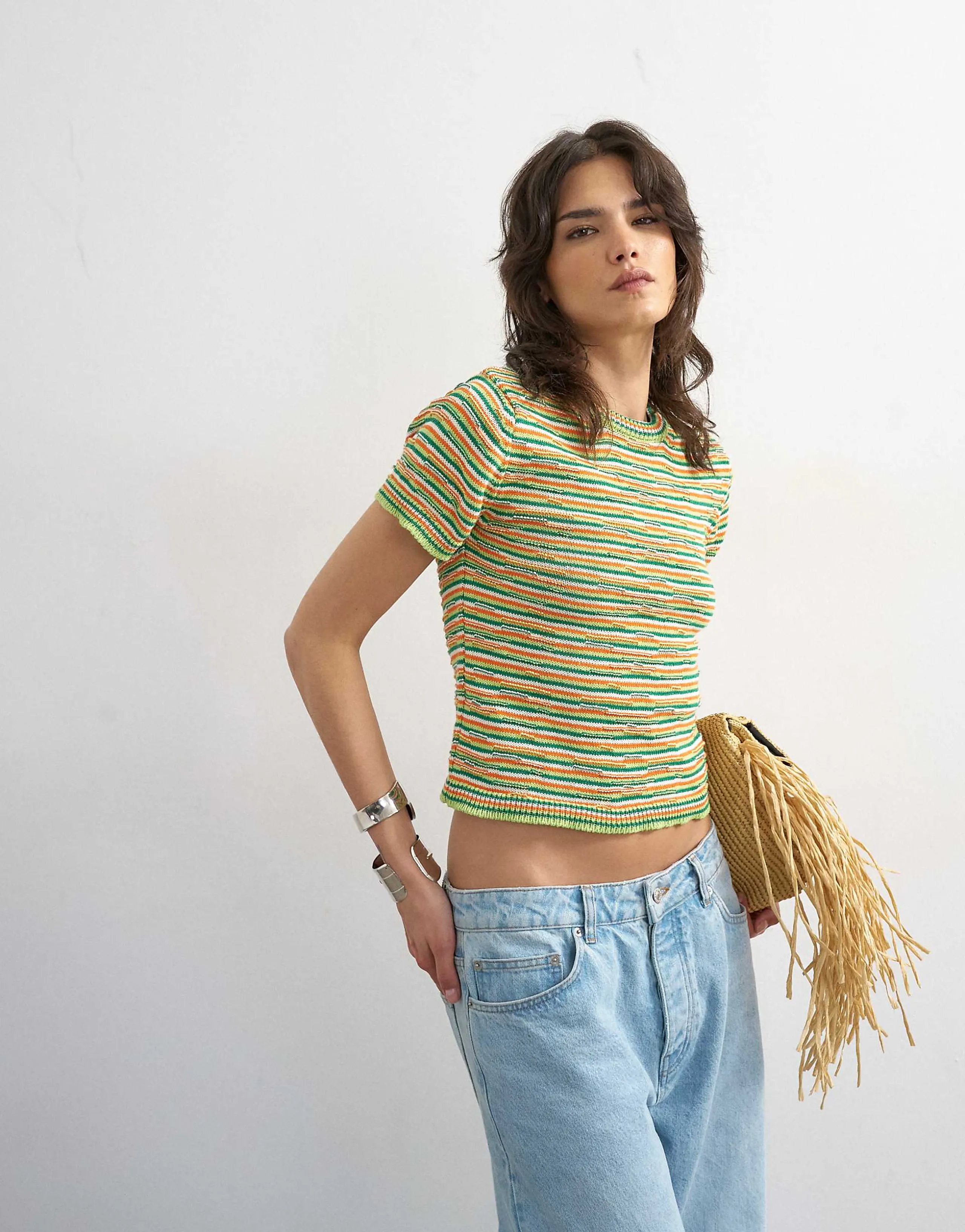 Topshop knit crew neck striped short sleeve top in multi