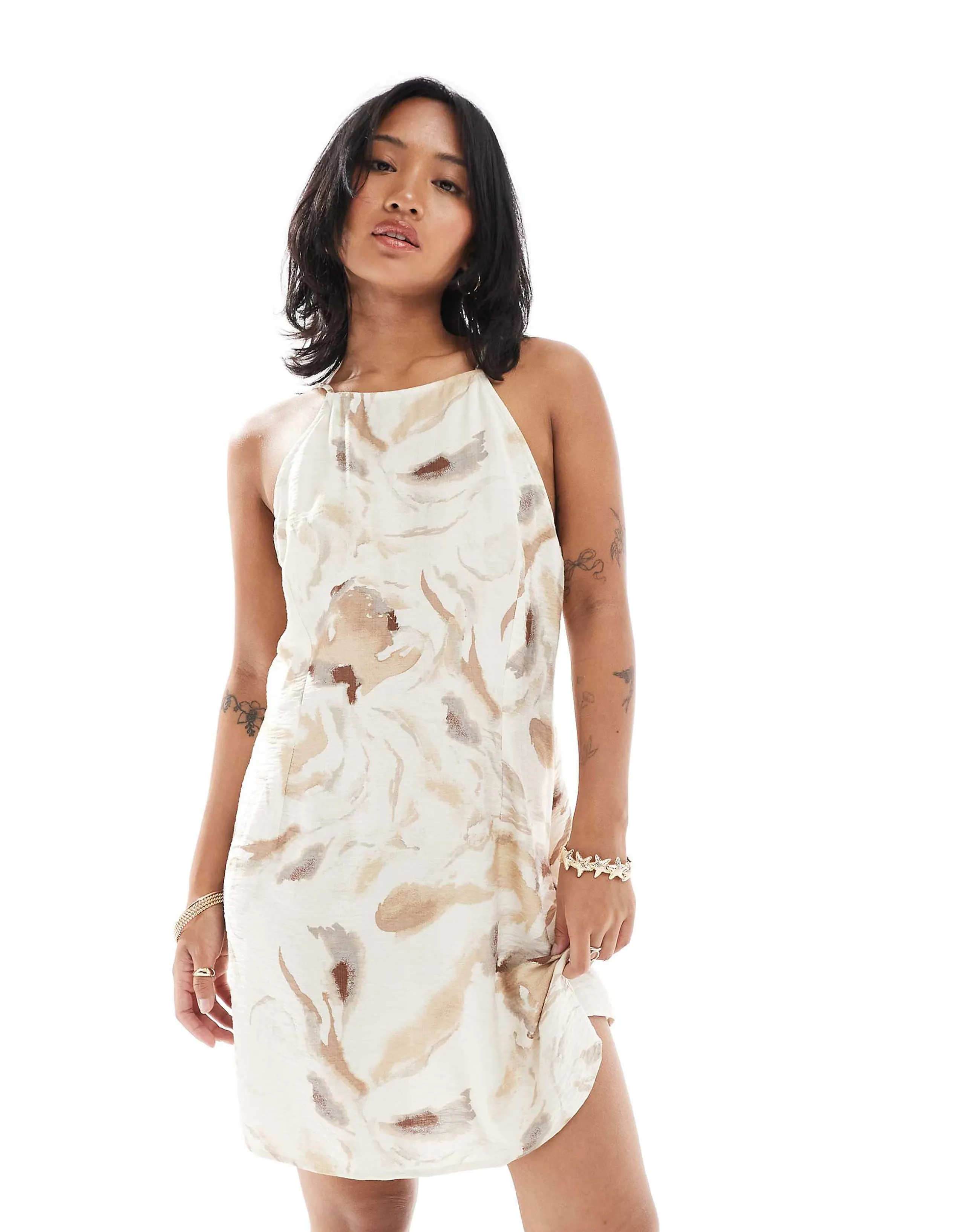 Vero Moda Petite high neck cami strap mini dress in neutral marble print