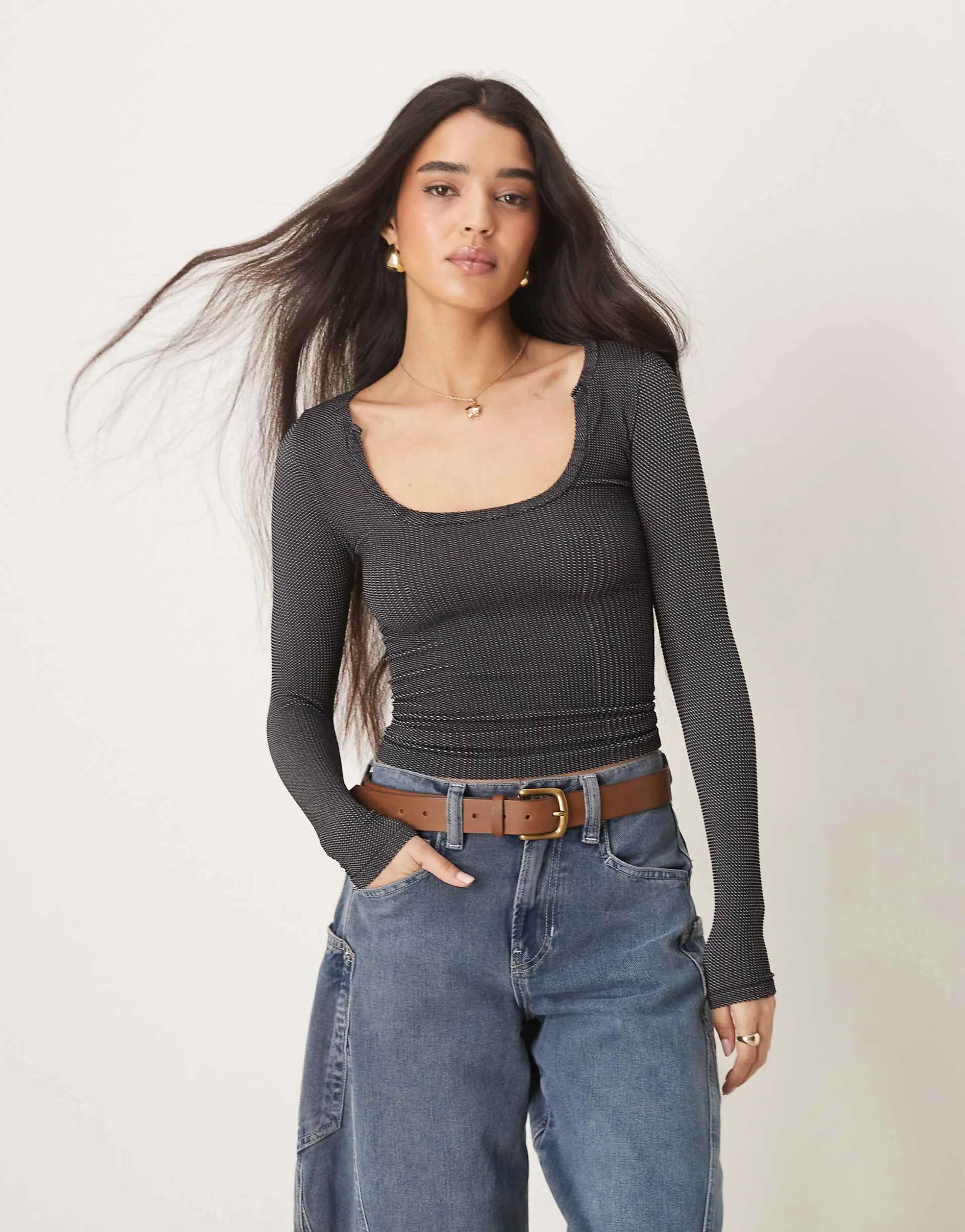 Free People ribbed scoop neck long sleeve top in washed black