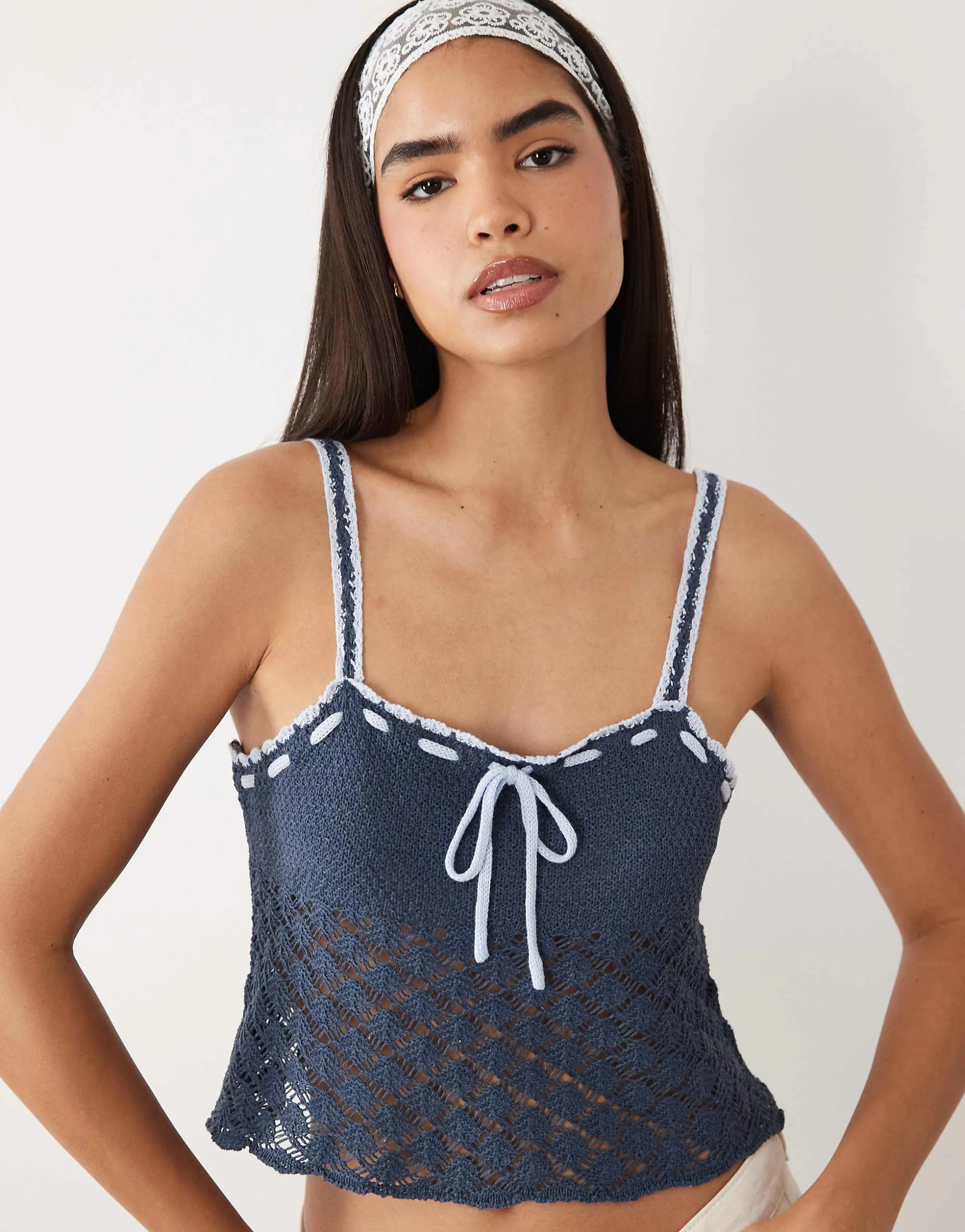 Kiwi & Co crochet tie front detail cami top in navy