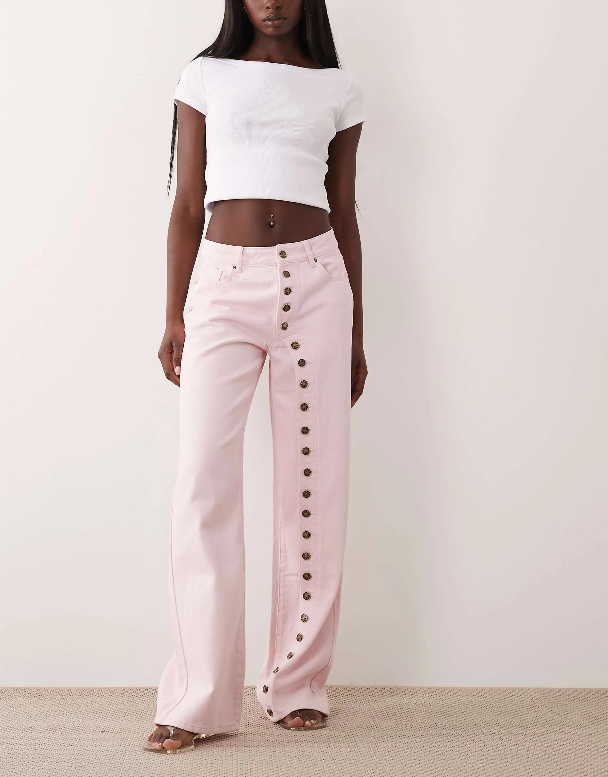 Lioness Penny asymmetric button detail relaxed leg jeans in pink