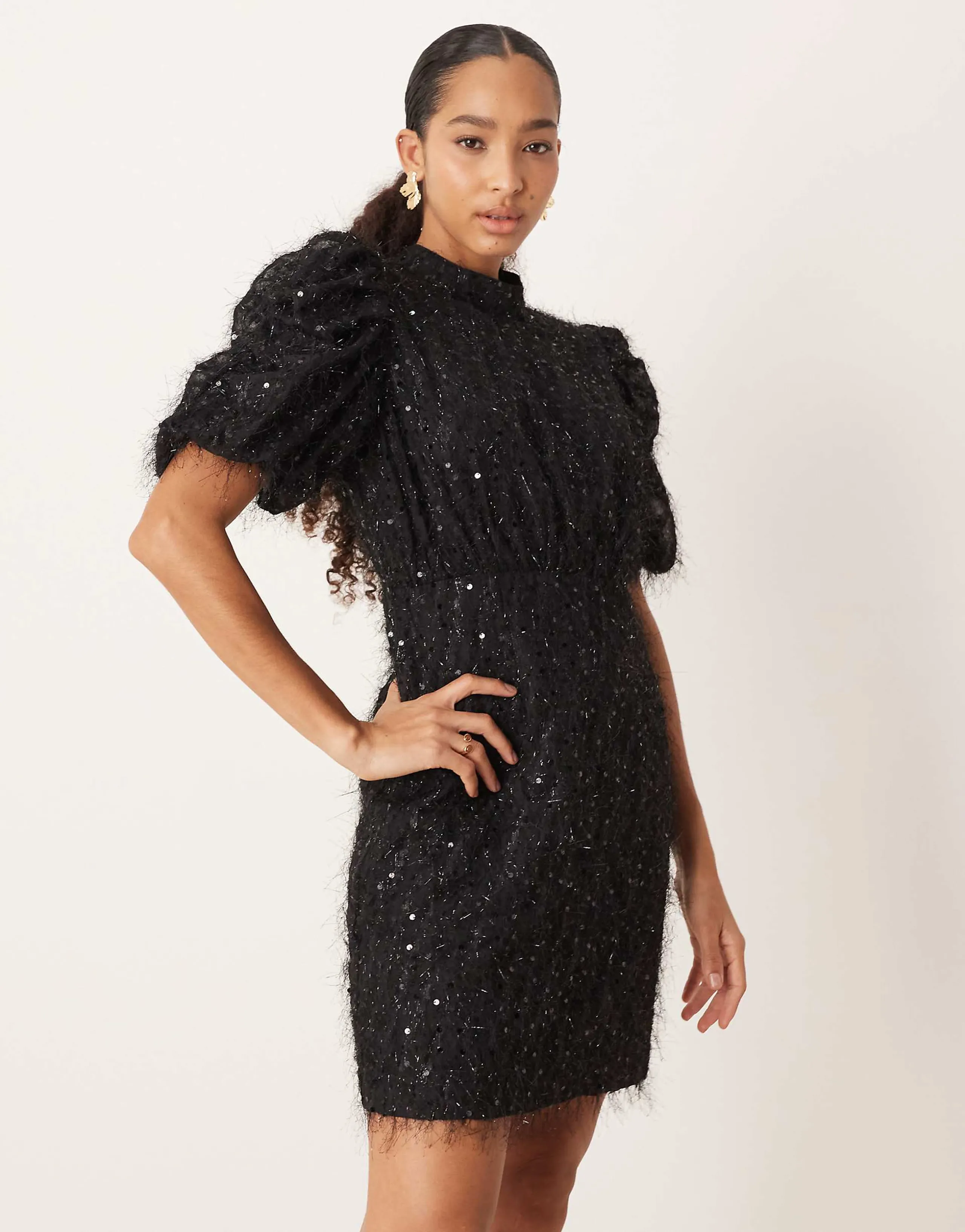 YAS fluffy textured sequin mini dress in black