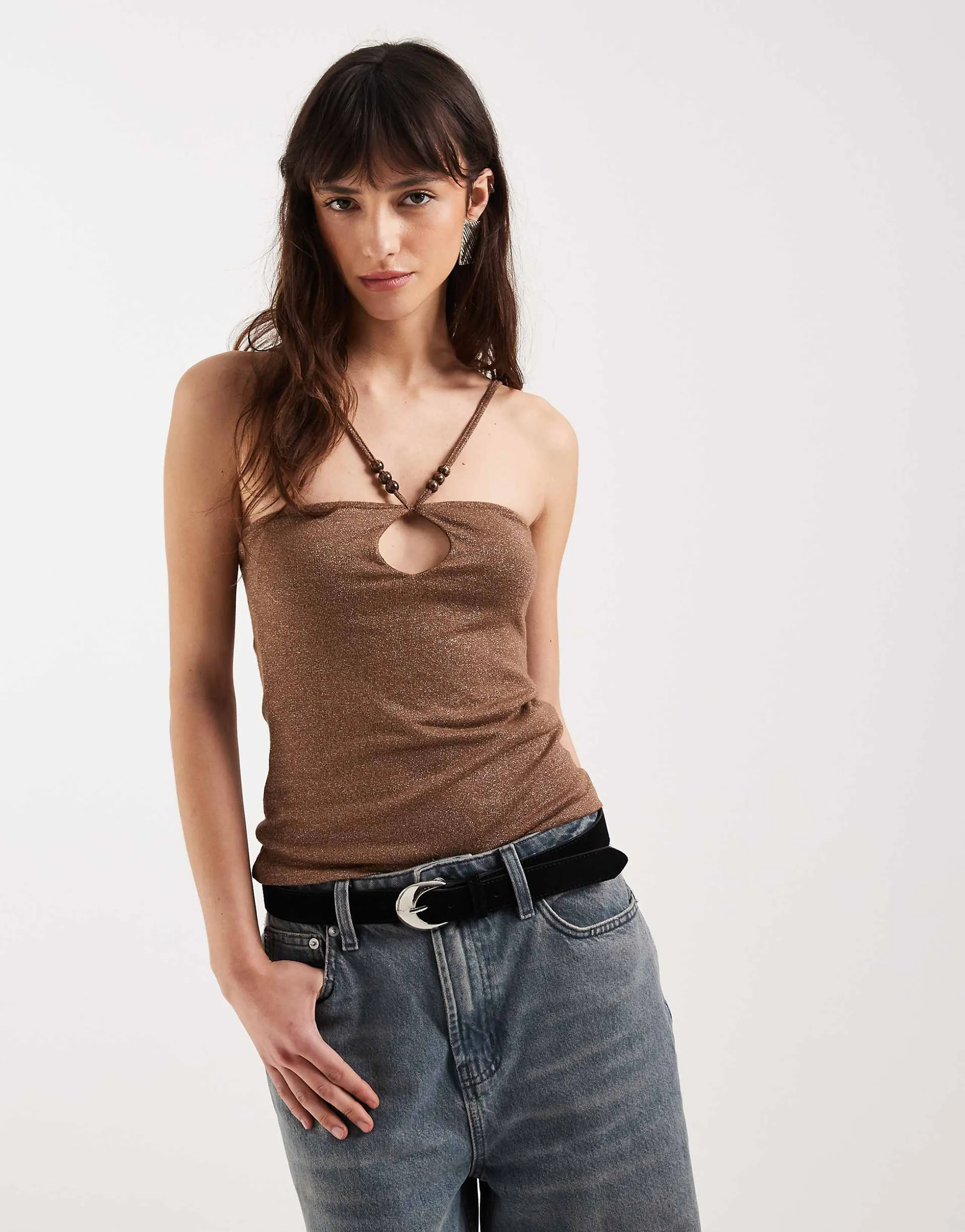 Motel Satuna shimmer knit beaded halter top in brown