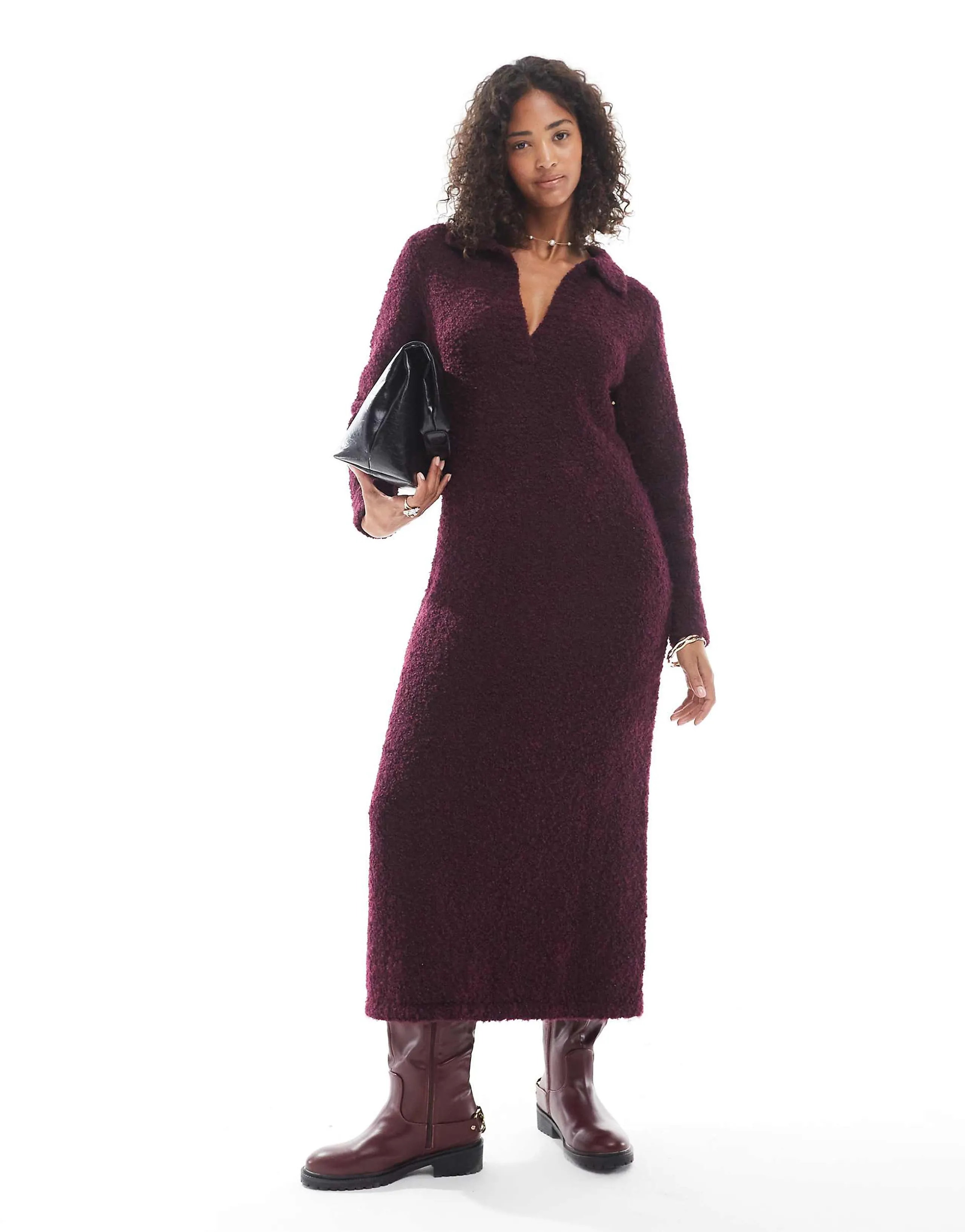 Native Youth soft puff knit polo dress in burgundy 